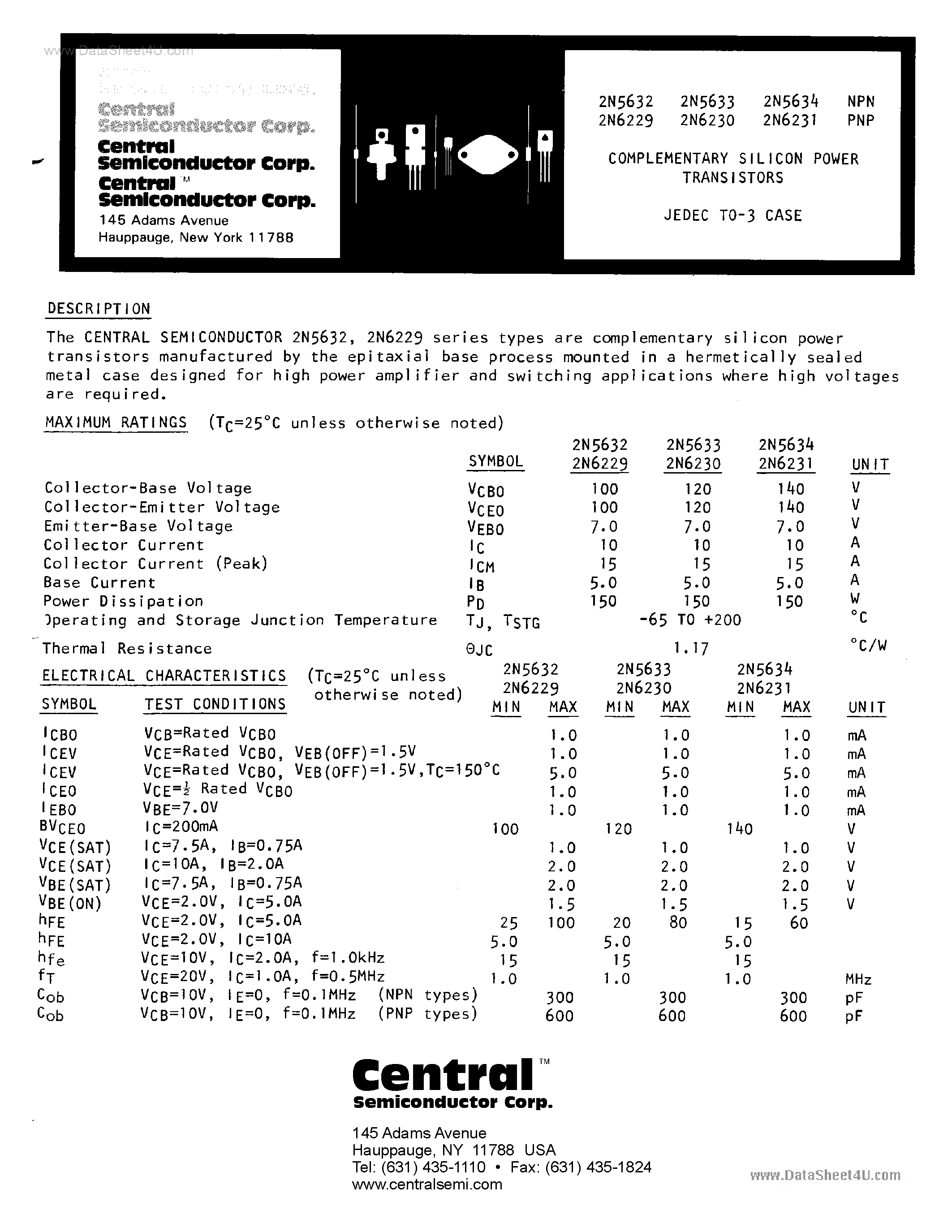 Datasheet 2N5632 - (2N5632 - 2N5634) SILICON POWER TRANSISTOR page 1