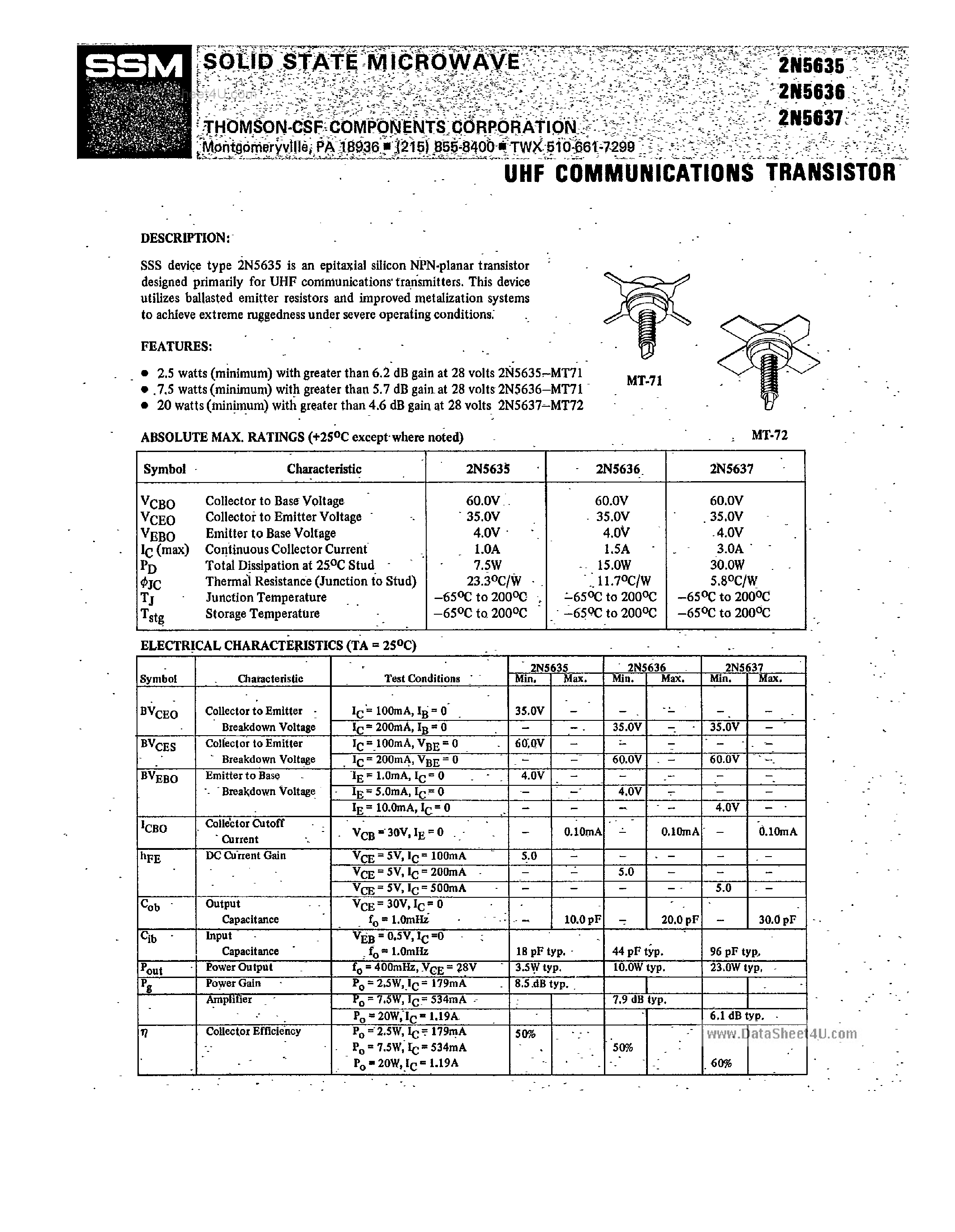 Datasheet 2N5635 - (2N5635 - 2N5637) UHF Communications Transistor page 1