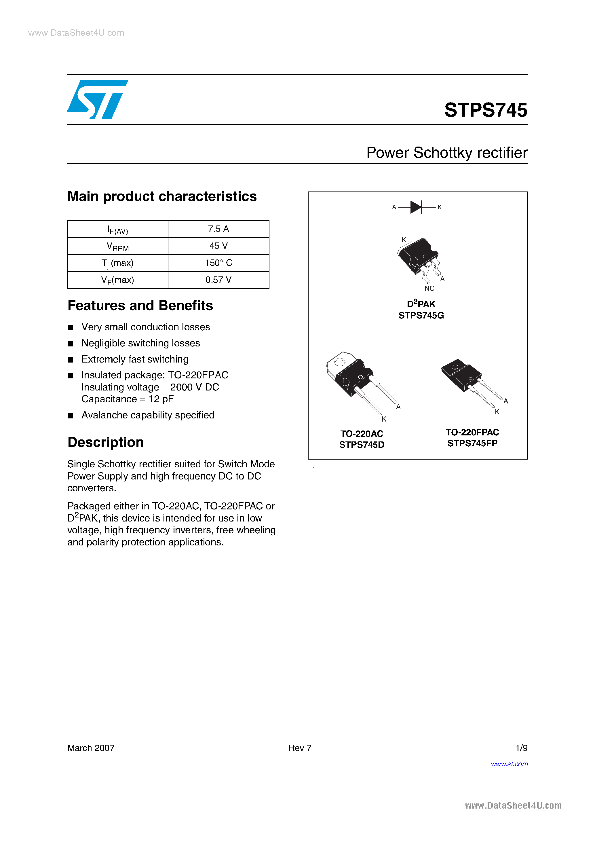 Datasheet STPS745 - POWER SCHOTTKY RECTIFIER page 1