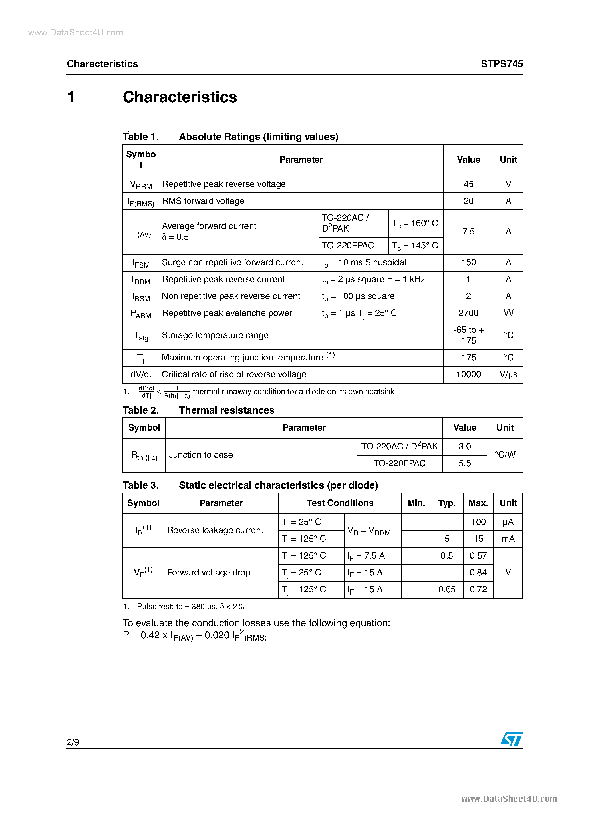 Datasheet STPS745 - POWER SCHOTTKY RECTIFIER page 2