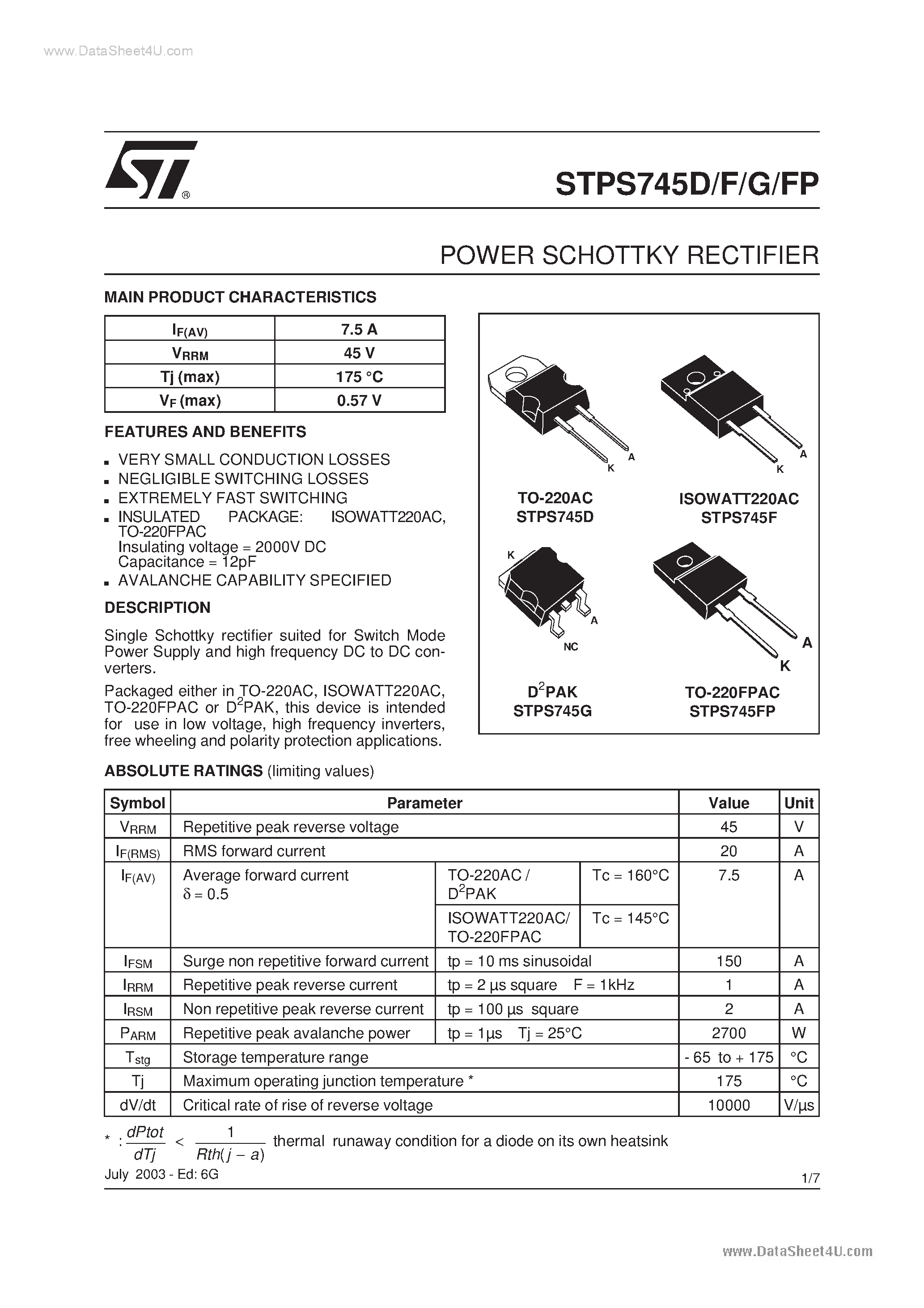 Datasheet STPS745D page 1 Datasheet STPS745D - (STPS745x) POWER SCHOTTKY RECTIFIER page 1