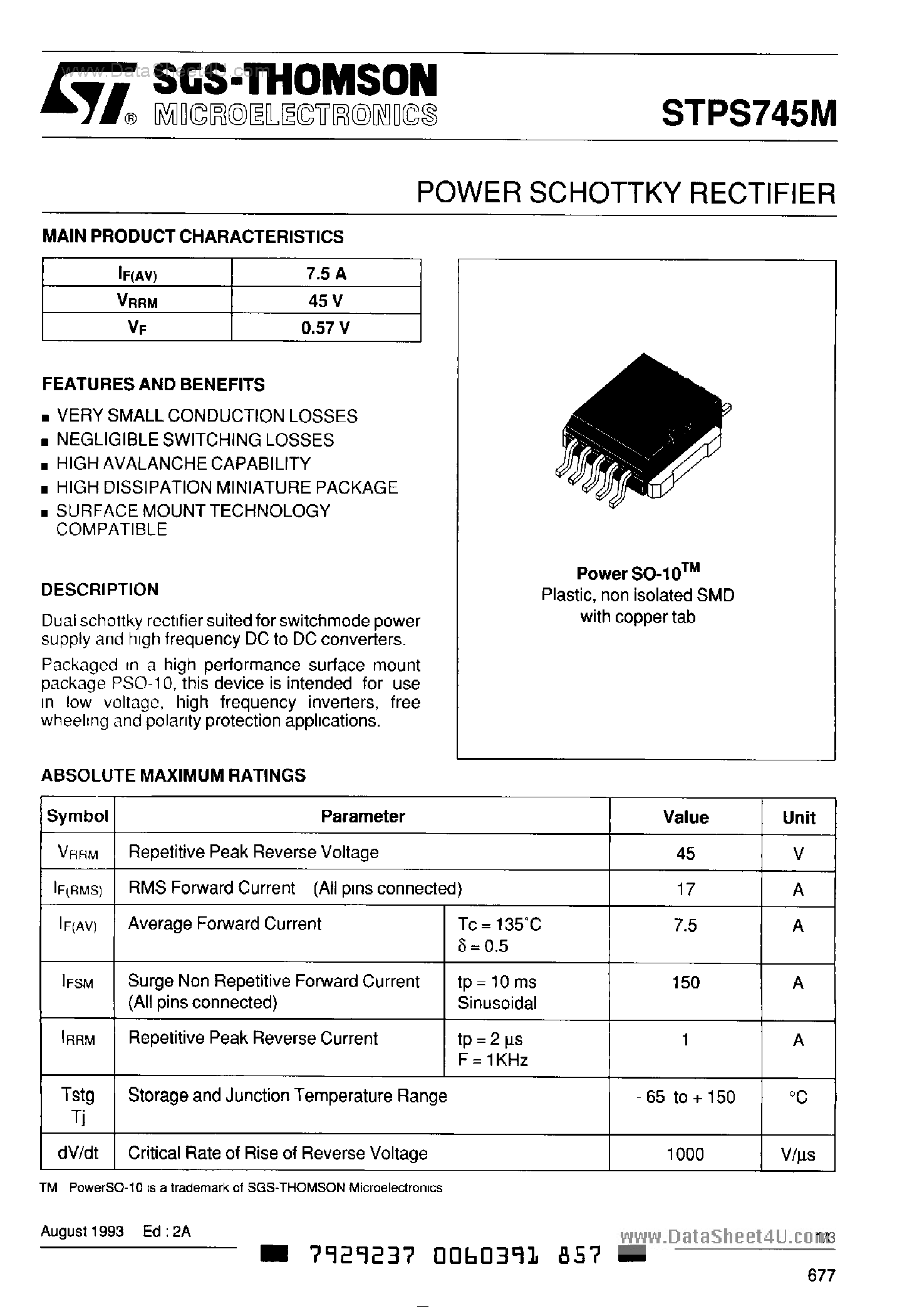 Datasheet STPS745M - POWER SCHOTTKY RECTIFIER page 1