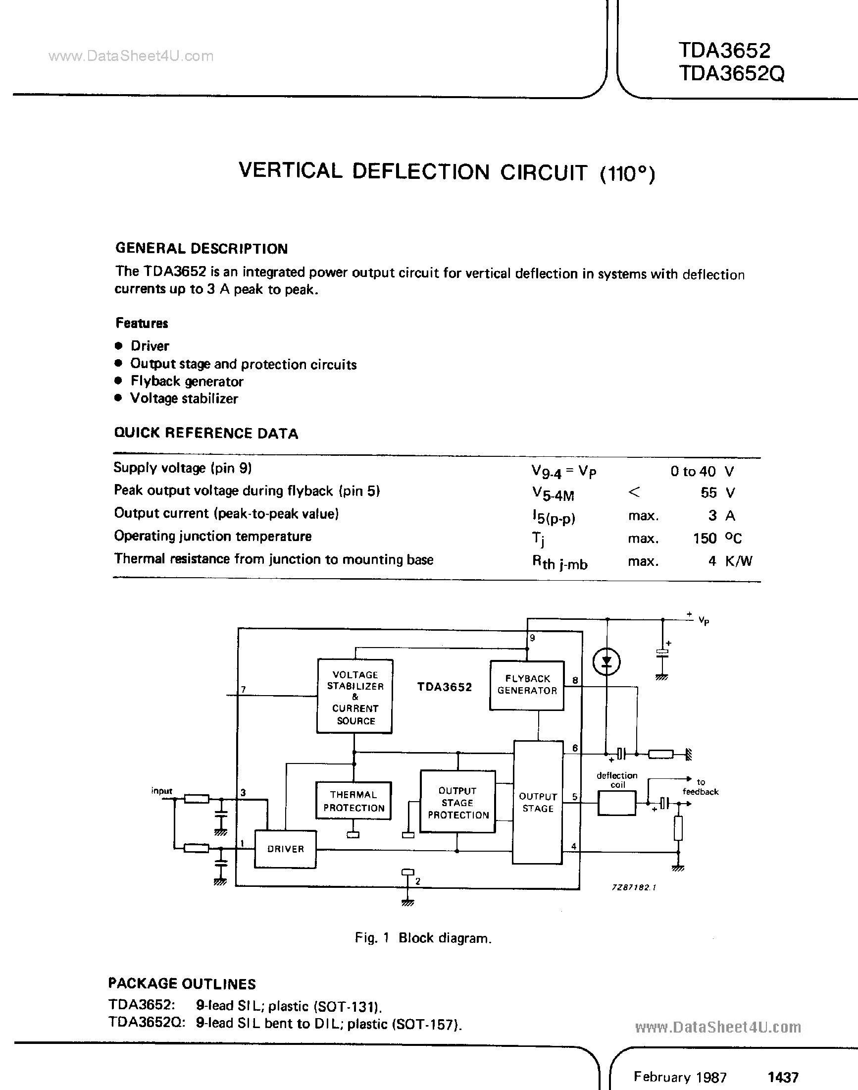 Datasheet TDA3652 - Vertical Deflection Circuit page 1