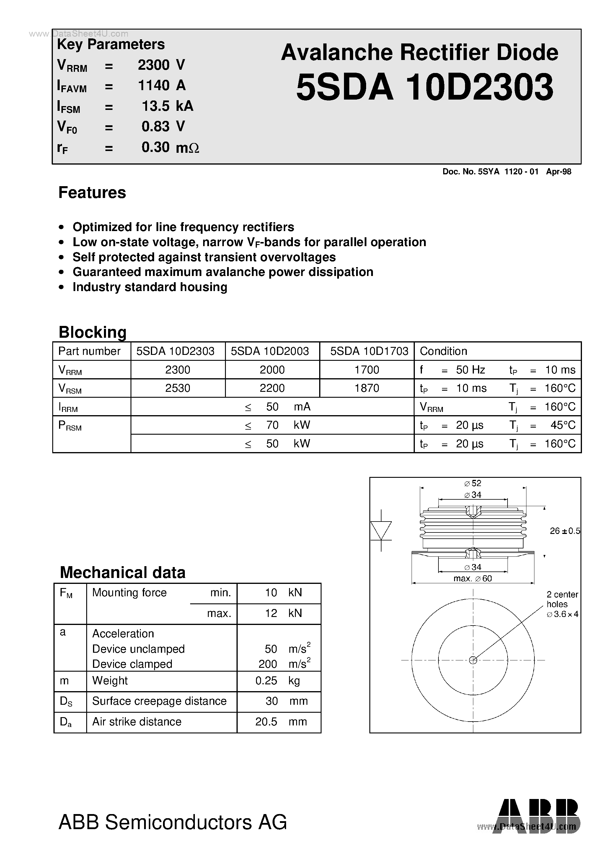 Datasheet 5SDA10D2003 - Avalanche Rectifier Diode page 1