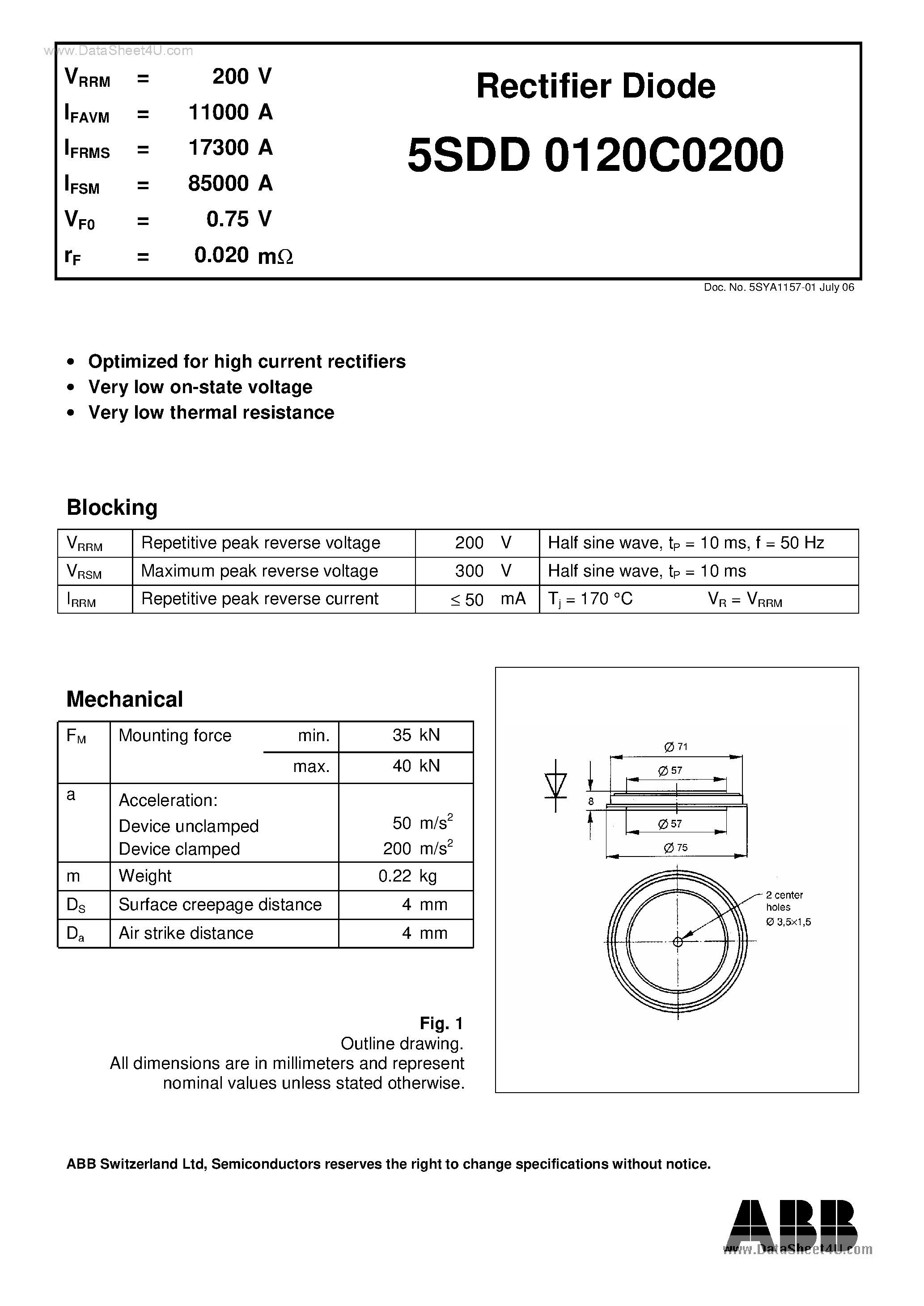 Datasheet 5SDD0120C0200 page 1 Datasheet 5SDD0120C0200 - Rectifier Diode page 1