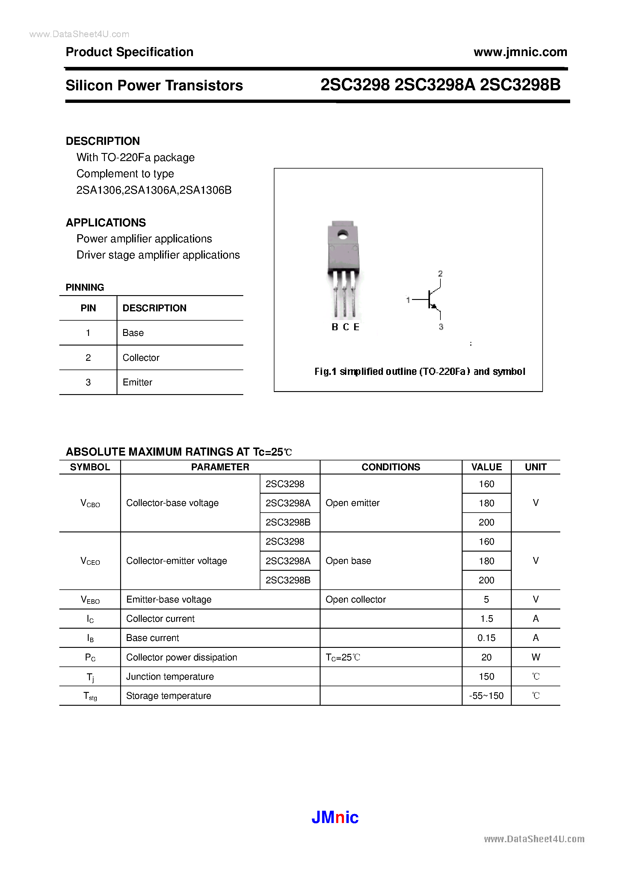 Datasheet 2SC3298 - Silicon Power Transistors page 1