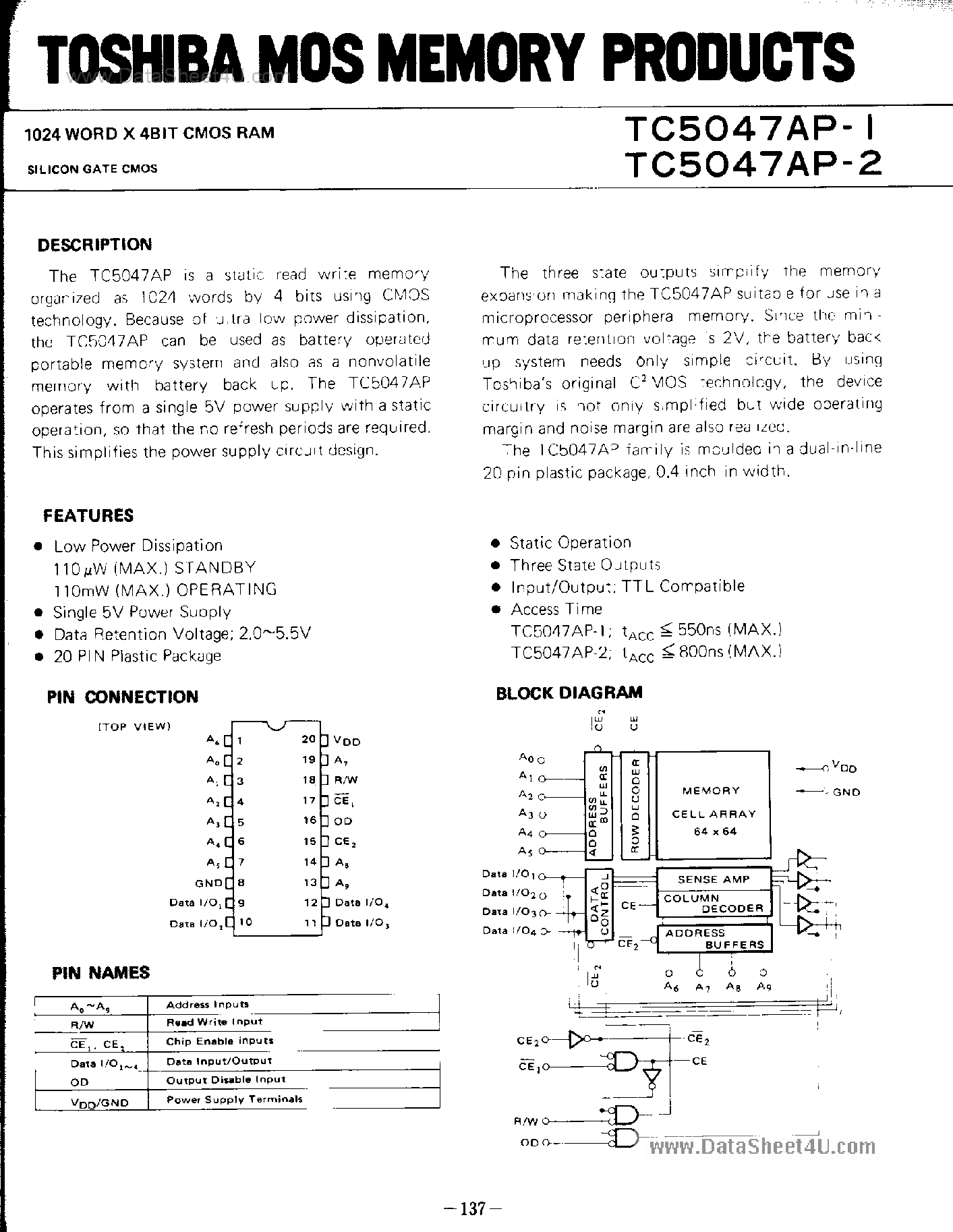 Даташит на микросхему TC5047AP-1 страница 1 Даташит TC5047AP-1 - (TC5047AP-1/-2) 1024 Word X 4-Bit CMOS RAM страница 1
