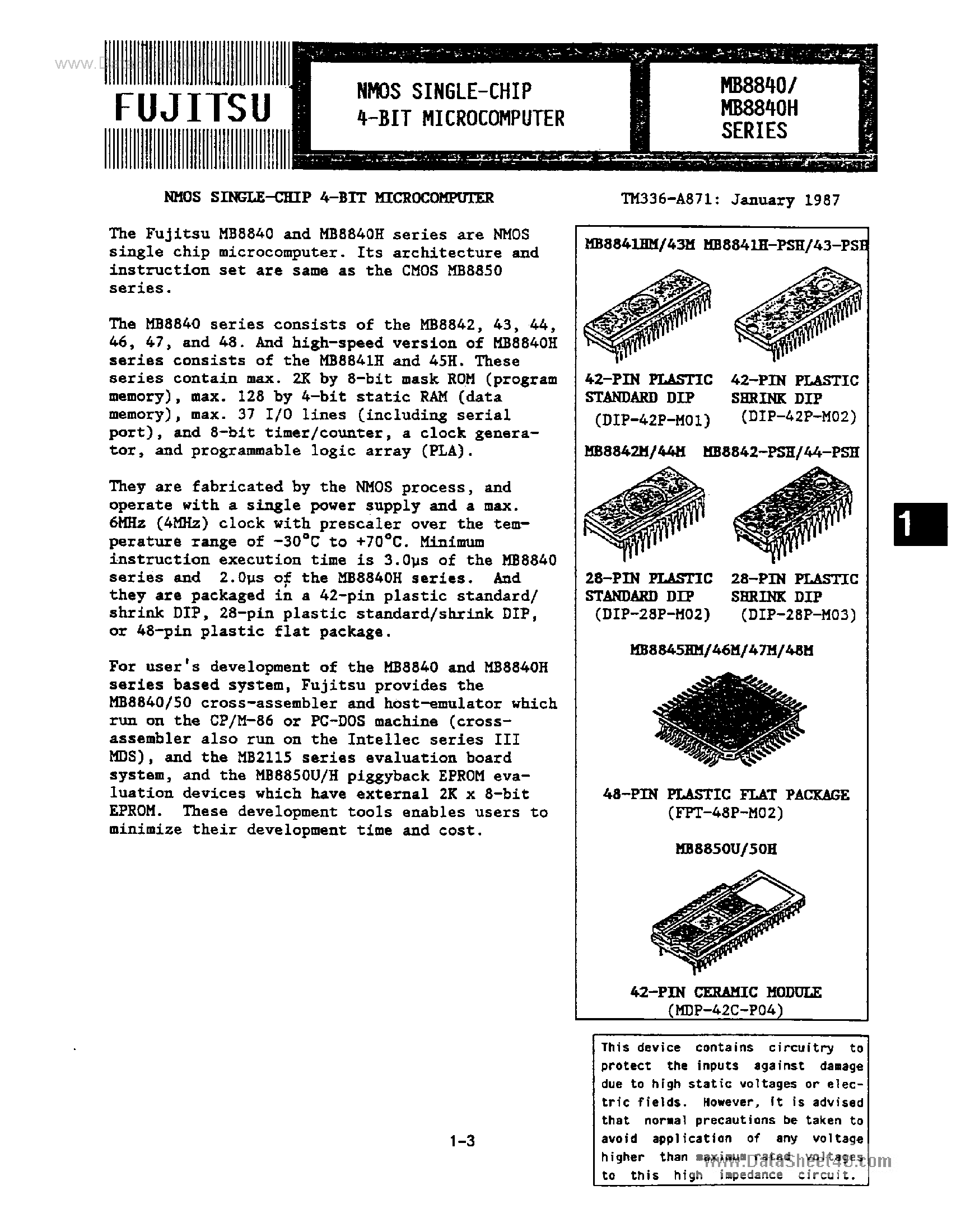 Datasheet MB8840 - (MB8840 Series) NMOS Single-Chip 4-Bit Microcomputer page 1