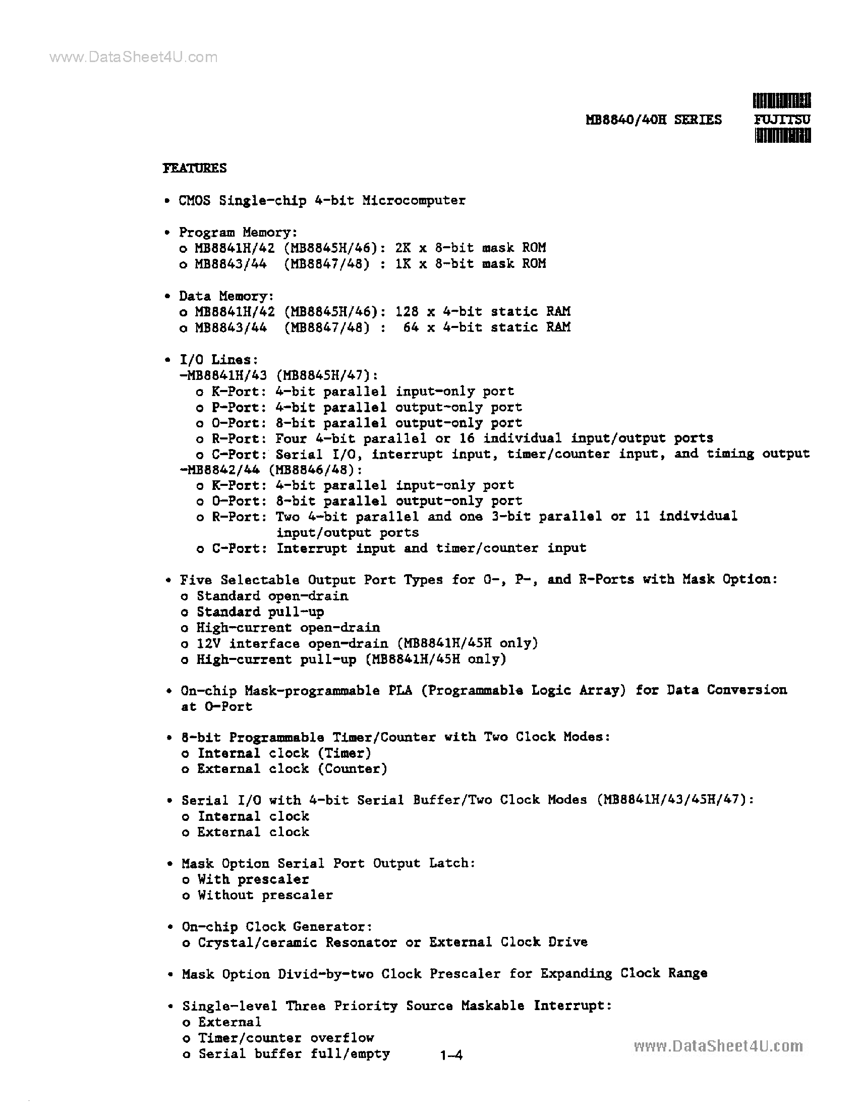 Datasheet MB8840 - (MB8840 Series) NMOS Single-Chip 4-Bit Microcomputer page 2