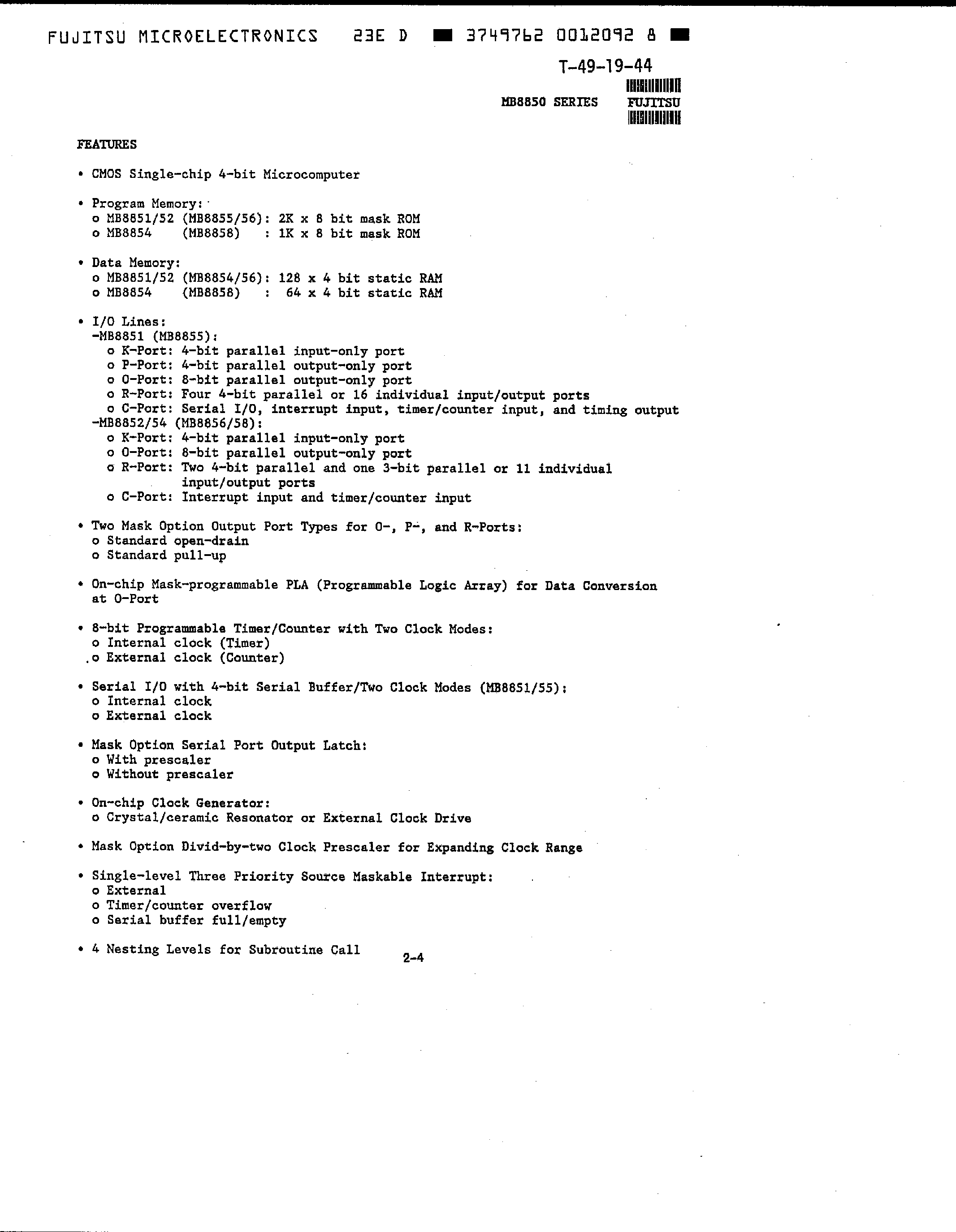 Datasheet MB8850 - (MB8850 Series) CMOS 4-Bit Microcomputer page 2