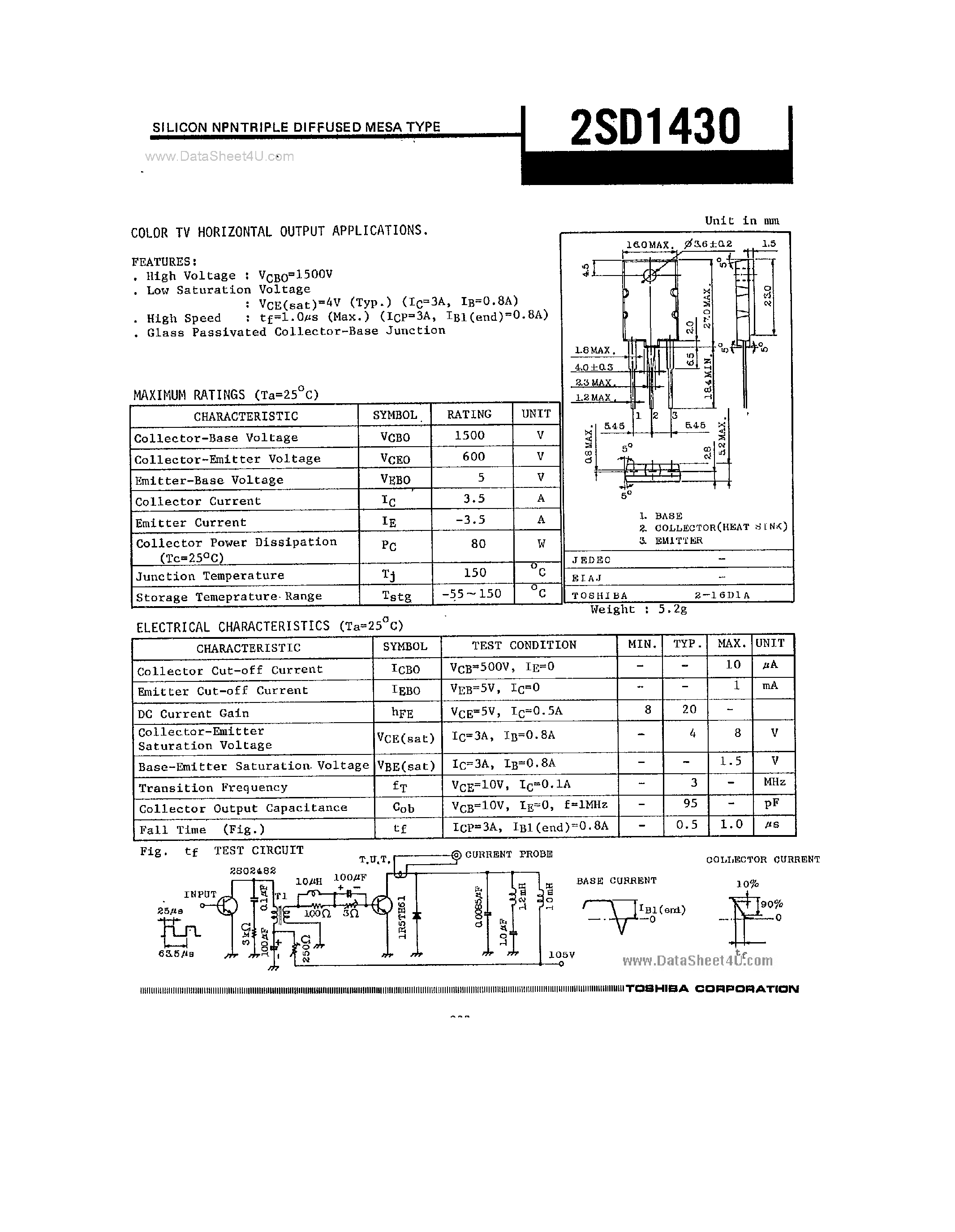 Datasheet 2SD1430 - SILICON NPN TRIPLE DIFFUSED MESA TYPE page 1