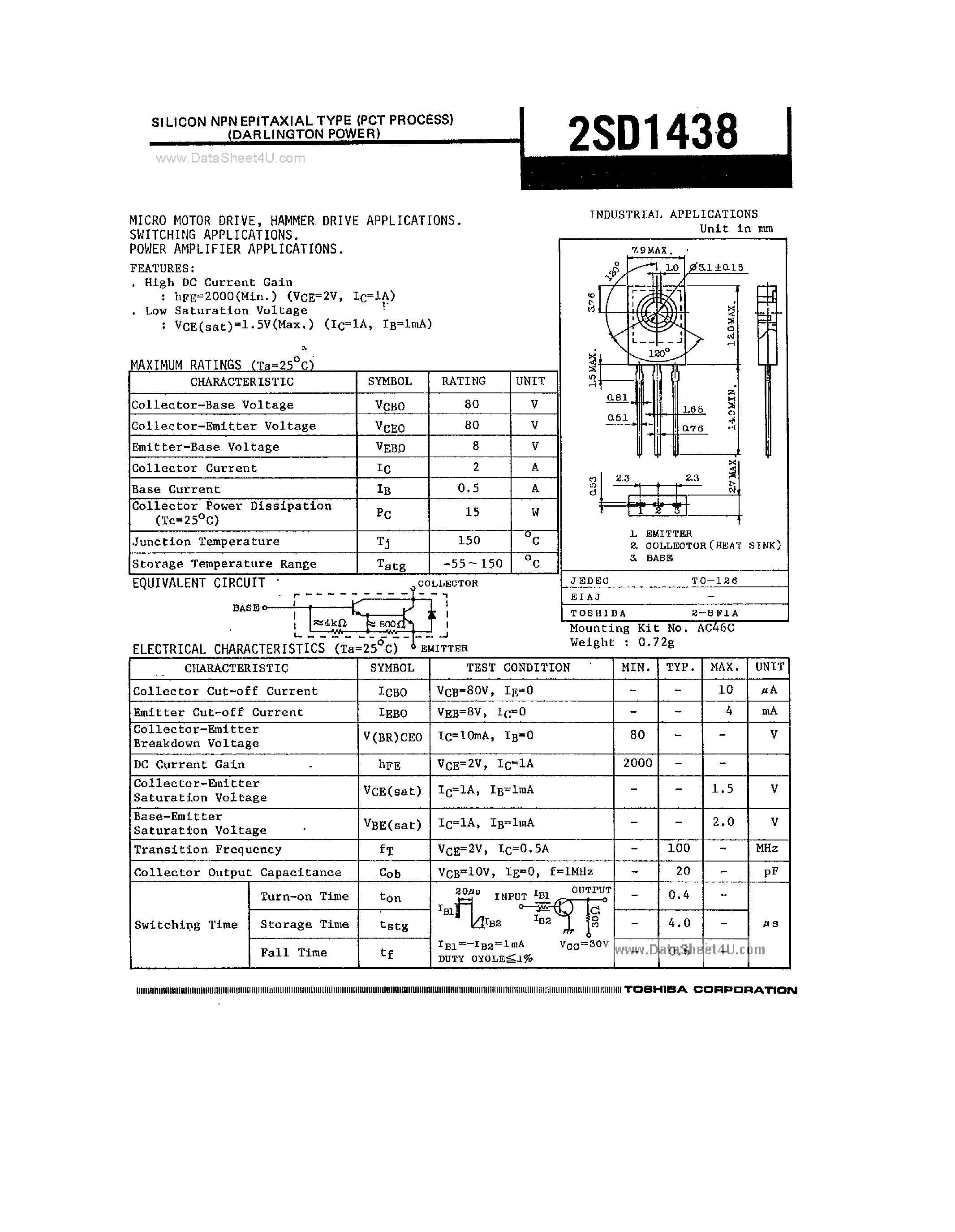 Datasheet 2SD1438 - SILICON NPN EPITAXIAL TYPE page 1