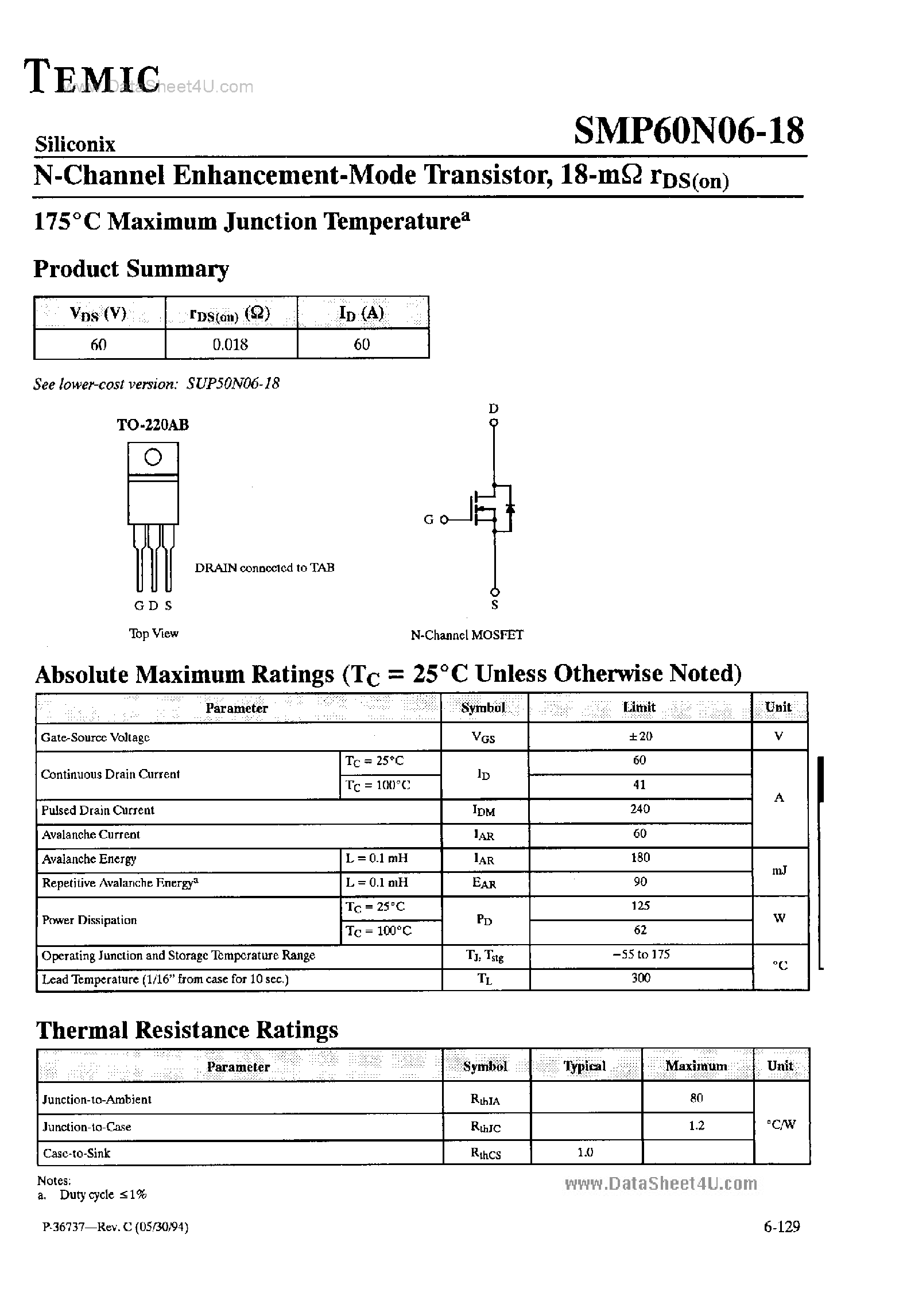Datasheet SMP60N06-18 - N-Channel Enhancement Mode Transistor page 1
