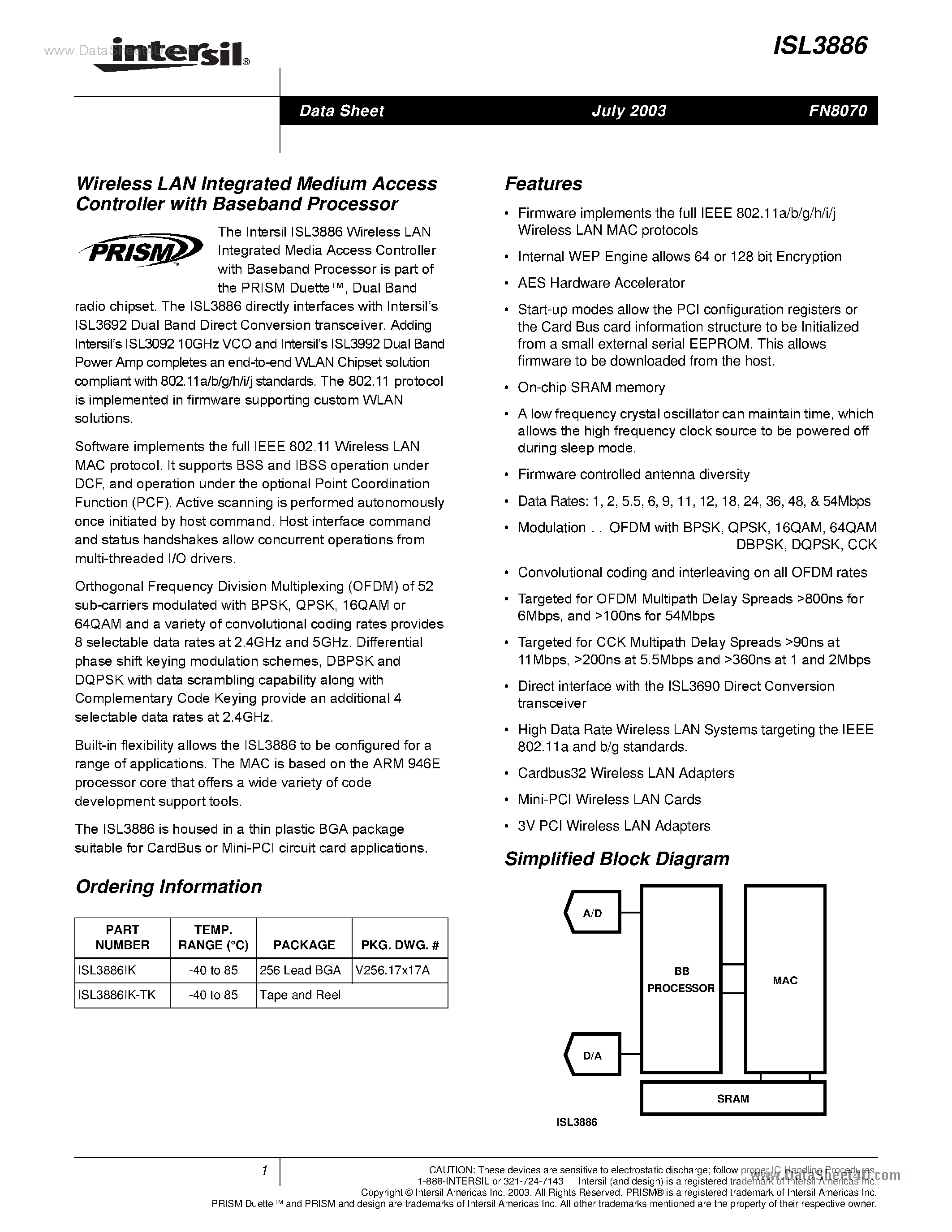 Datasheet ISL3886 - Wireless Lan Integrated Medium Access Controller page 1