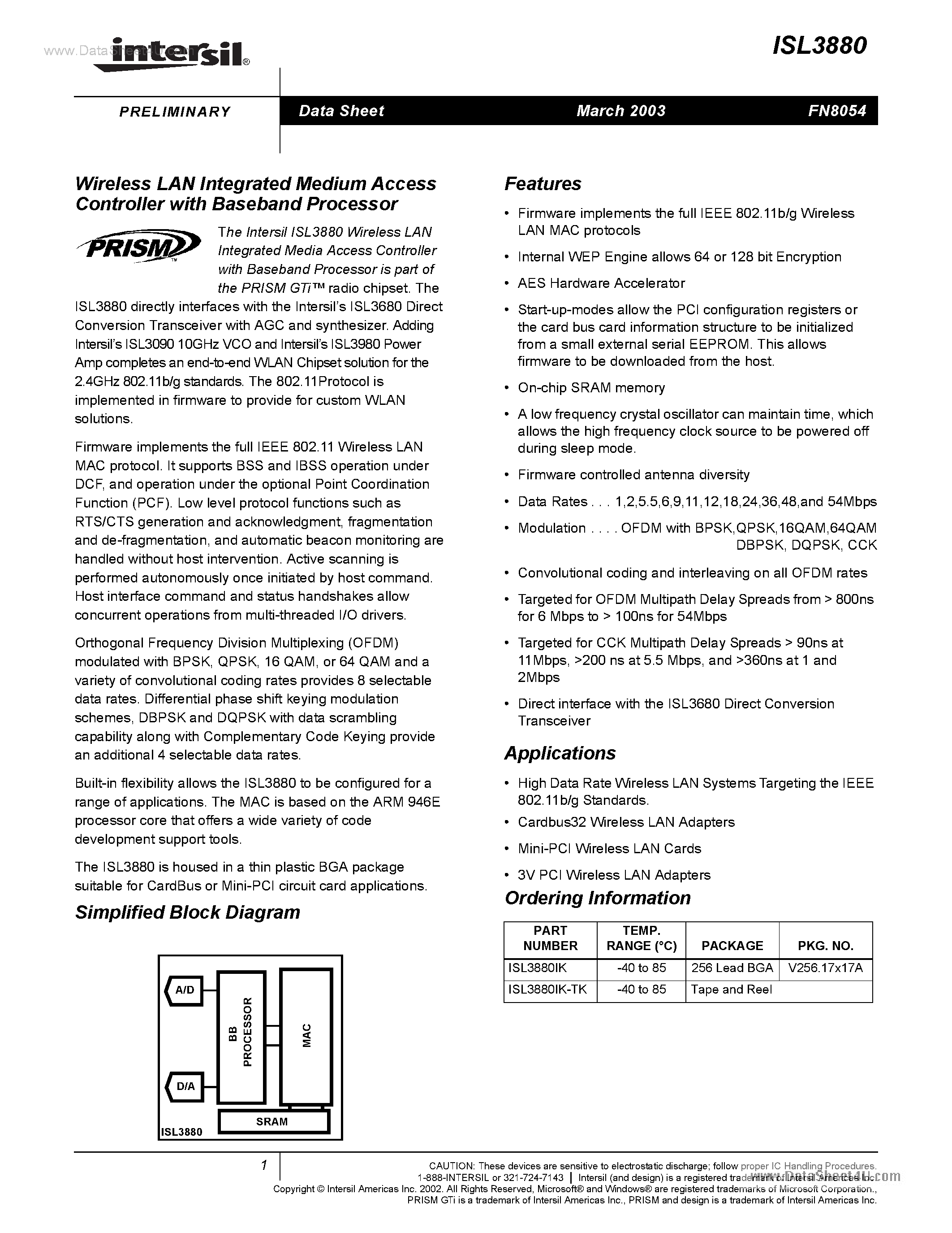 Datasheet ISL3880 - Wireless Lan Integrated Medium Access Controller page 1