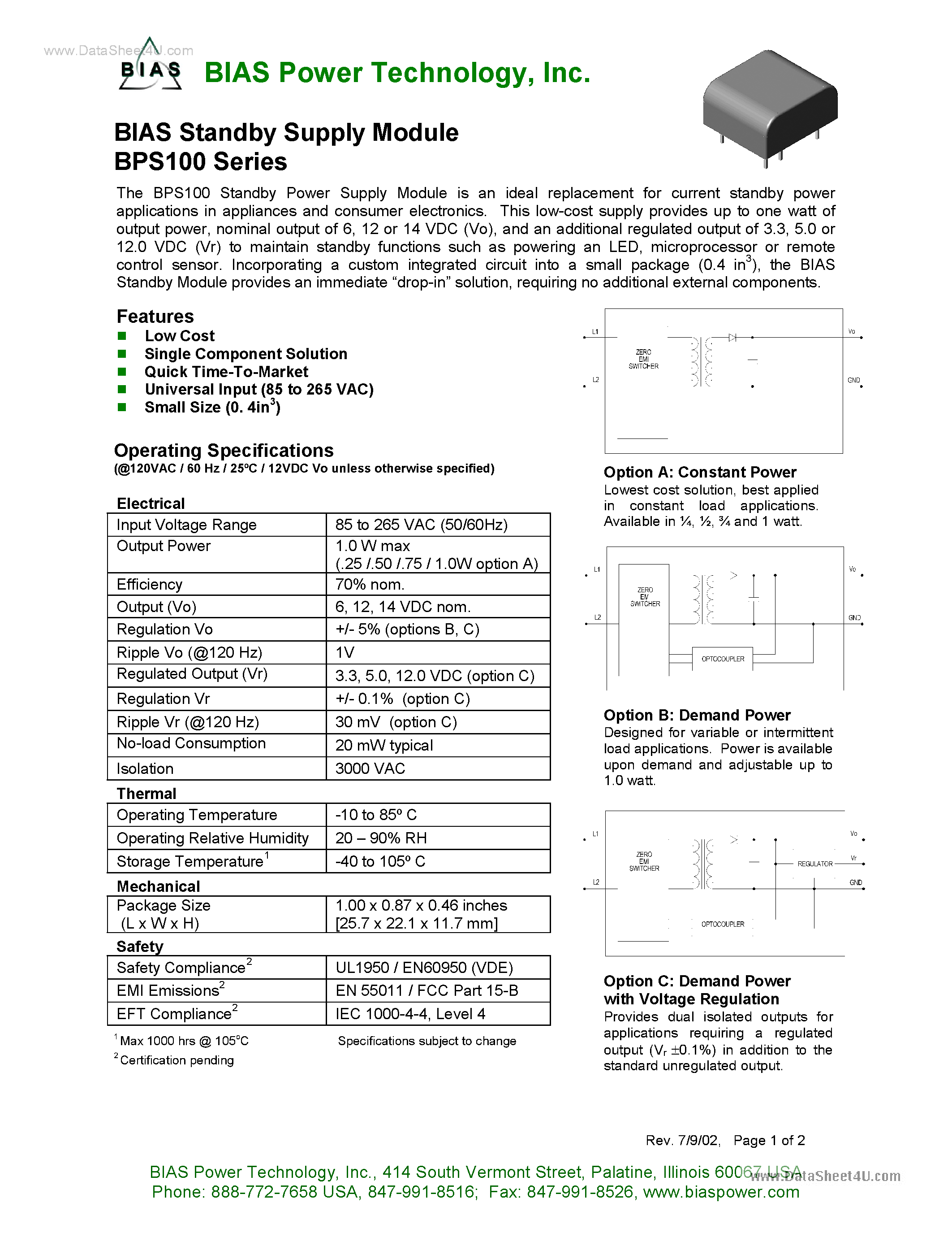 Datasheet BPS100 - Standby Supply Module page 1