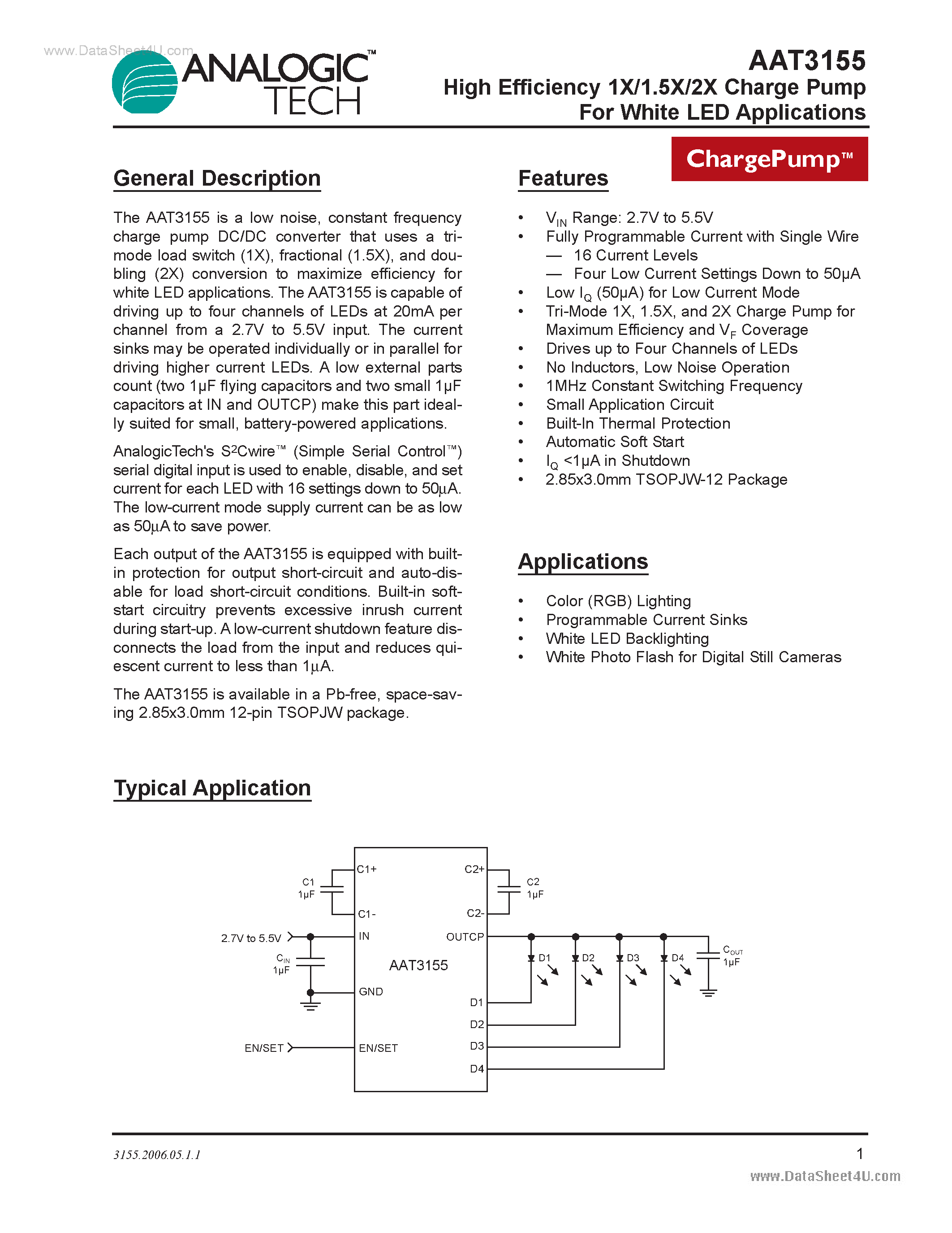 Datasheet AAT3155 - High Efficiency 1X/1.5X/2X Charge Pump page 1