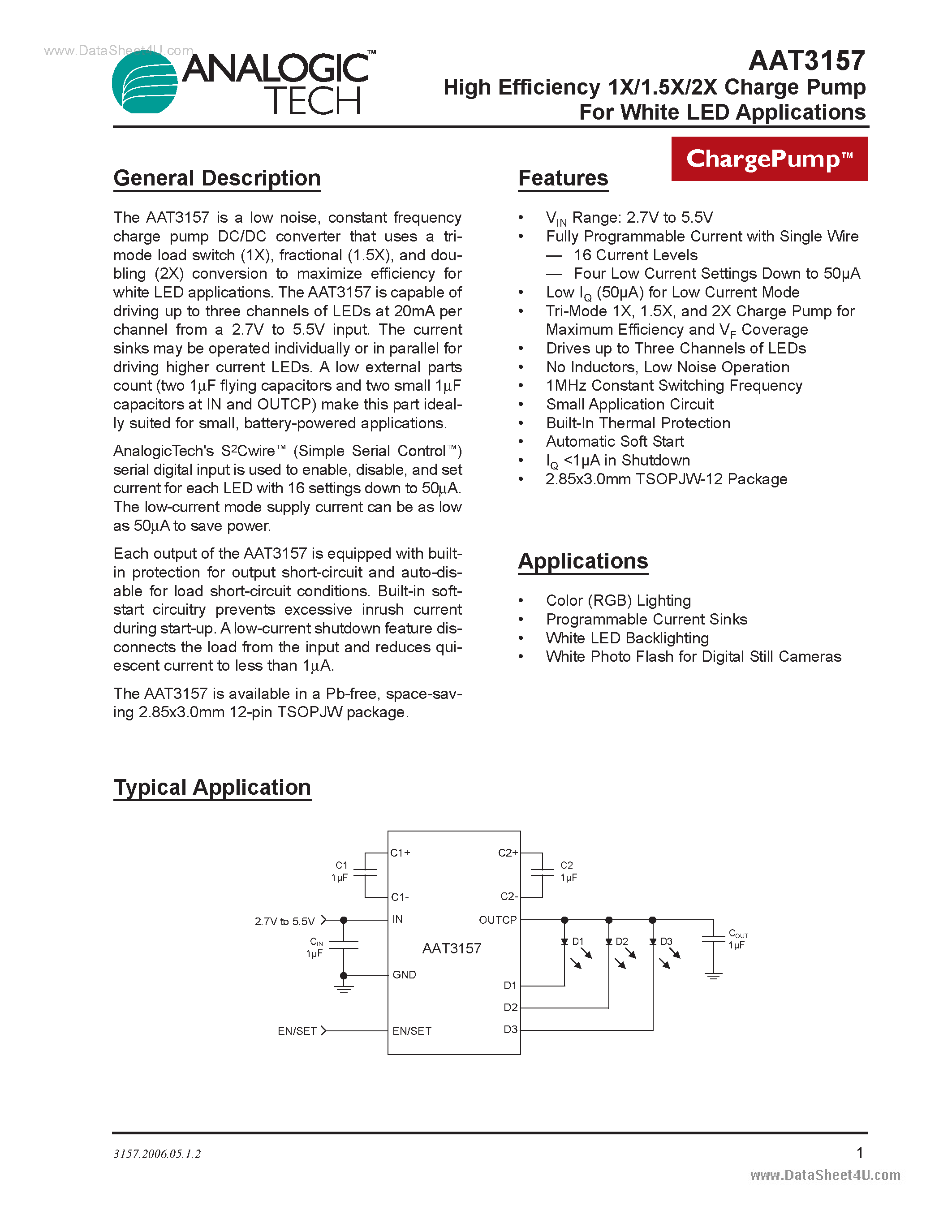 Datasheet AAT3157 - High Efficiency 1X/1.5X/2X Charge Pump page 1