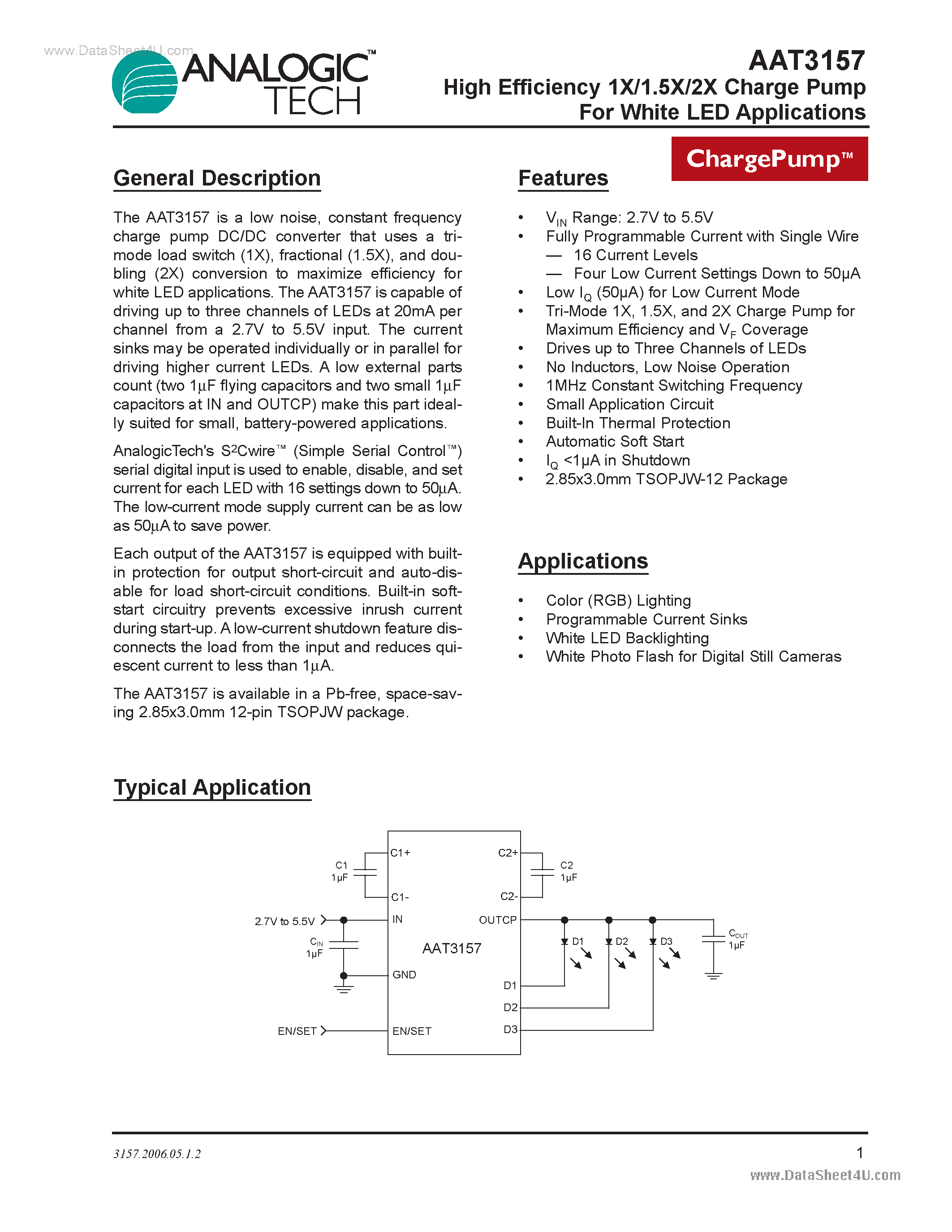Datasheet AAT3157 page 1 Datasheet AAT3157 - High Efficiency 1X/1.5X/2X Charge Pump page 1