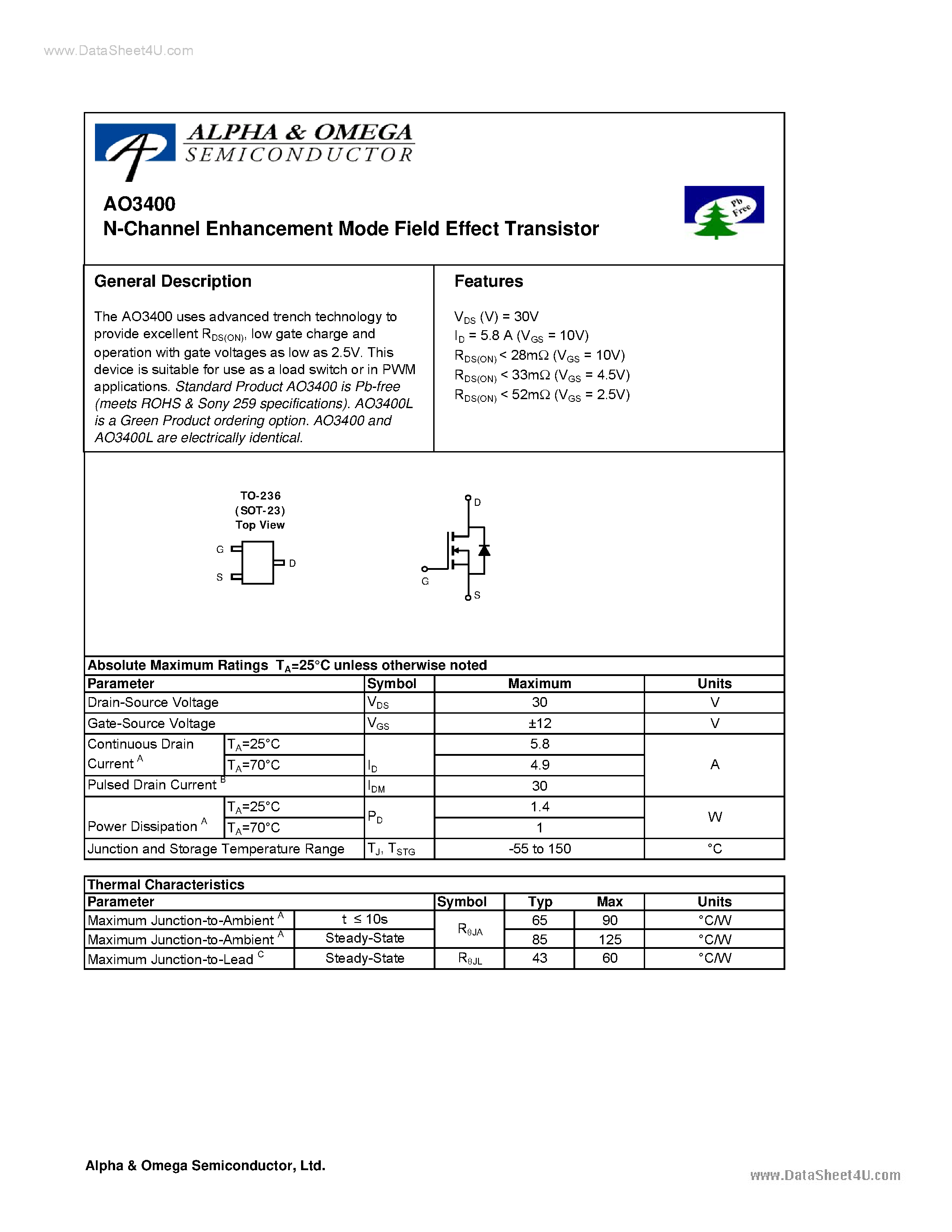 Datasheet AO3400 - N-Channel Enhancement Mode Field Effect Transistor page 1