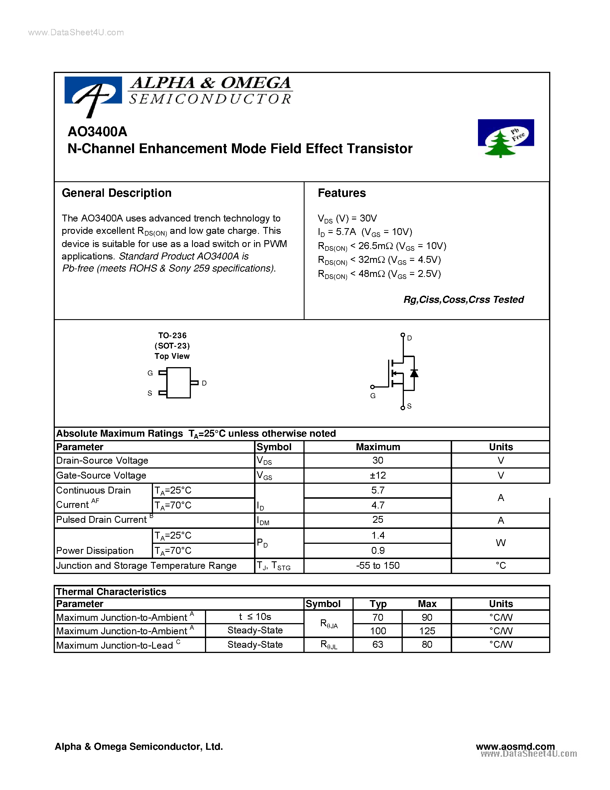 Datasheet AO3400A - N-Channel Enhancement Mode Field Effect Transistor page 1