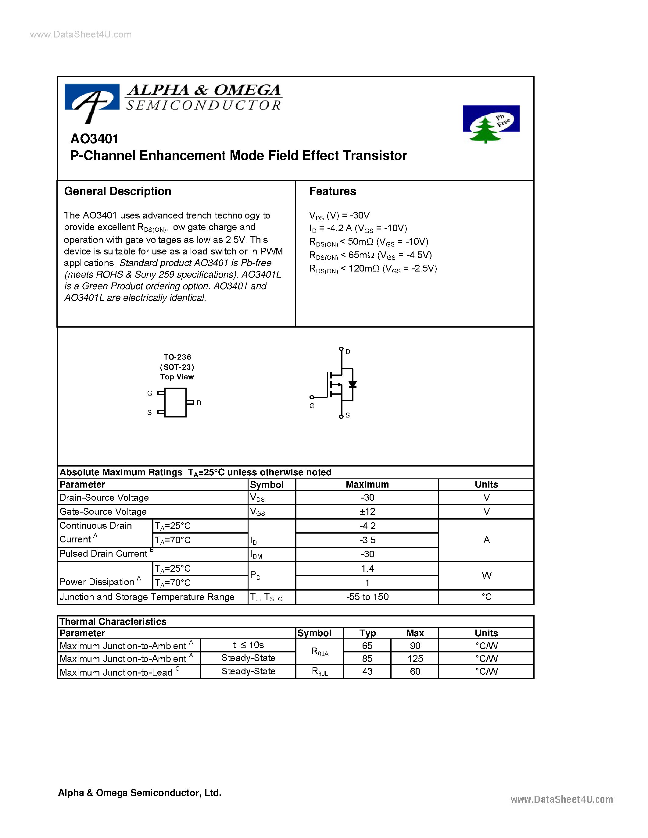 Datasheet AO3401 - P-Channel Enhancement Mode Field Effect Transistor page 1