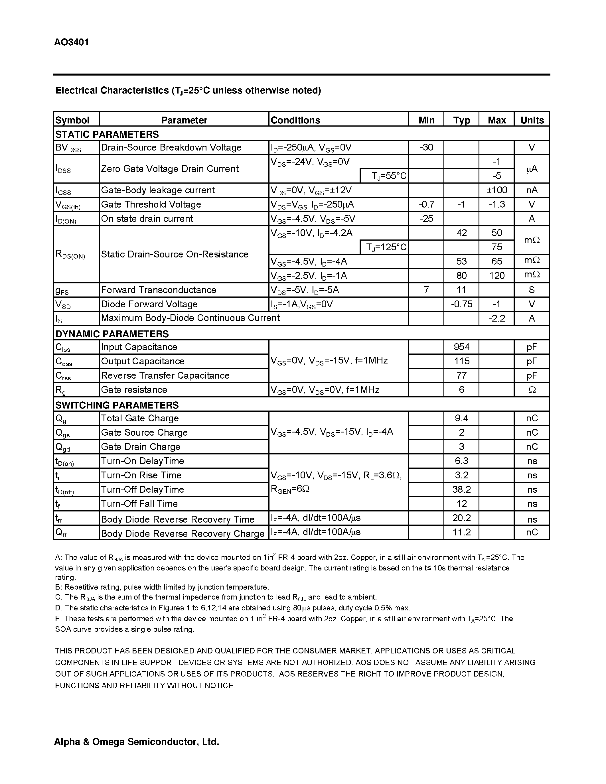 Datasheet AO3401 - P-Channel Enhancement Mode Field Effect Transistor page 2