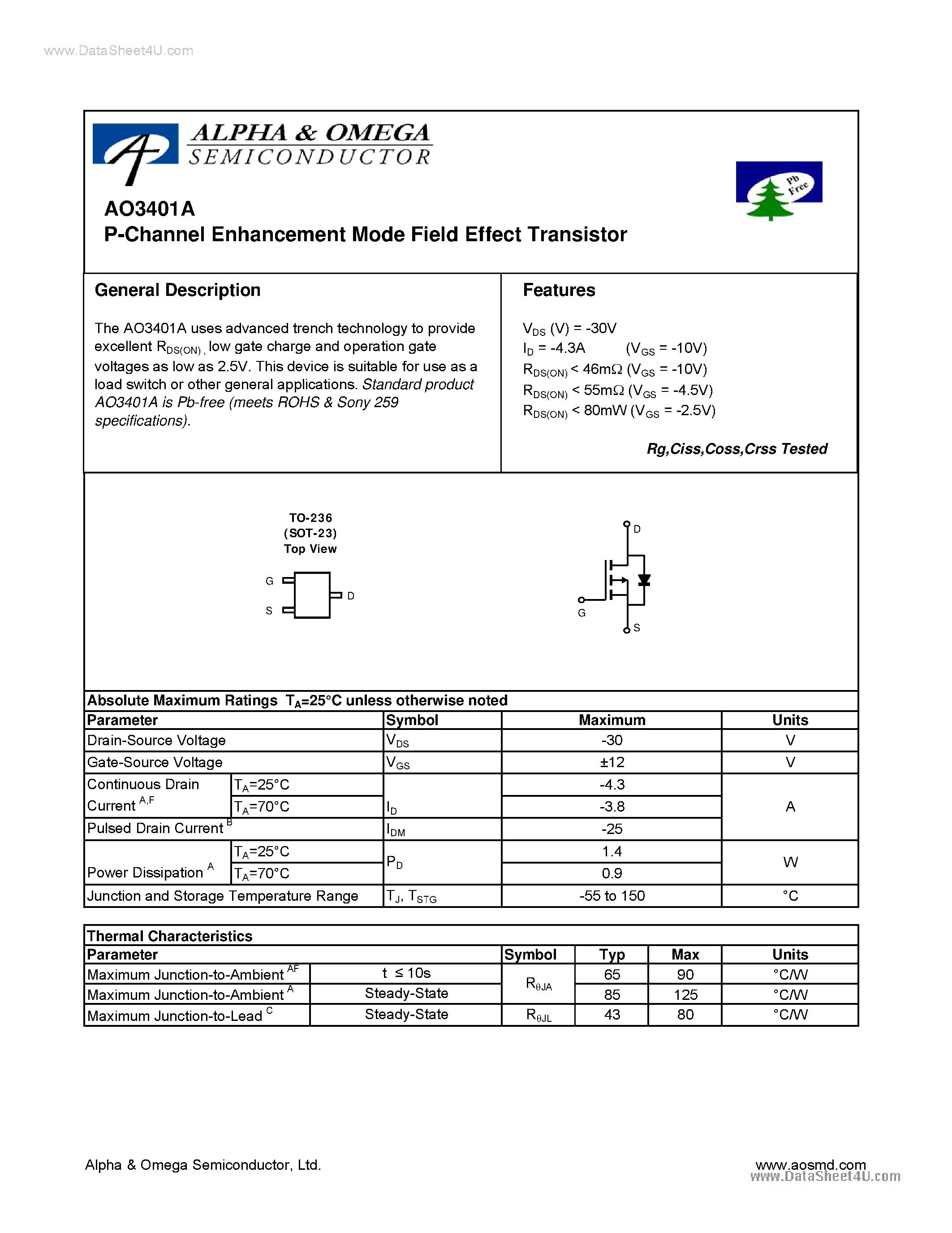 Datasheet AO3401A - P-Channel Enhancement Mode Field Effect Transistor page 1
