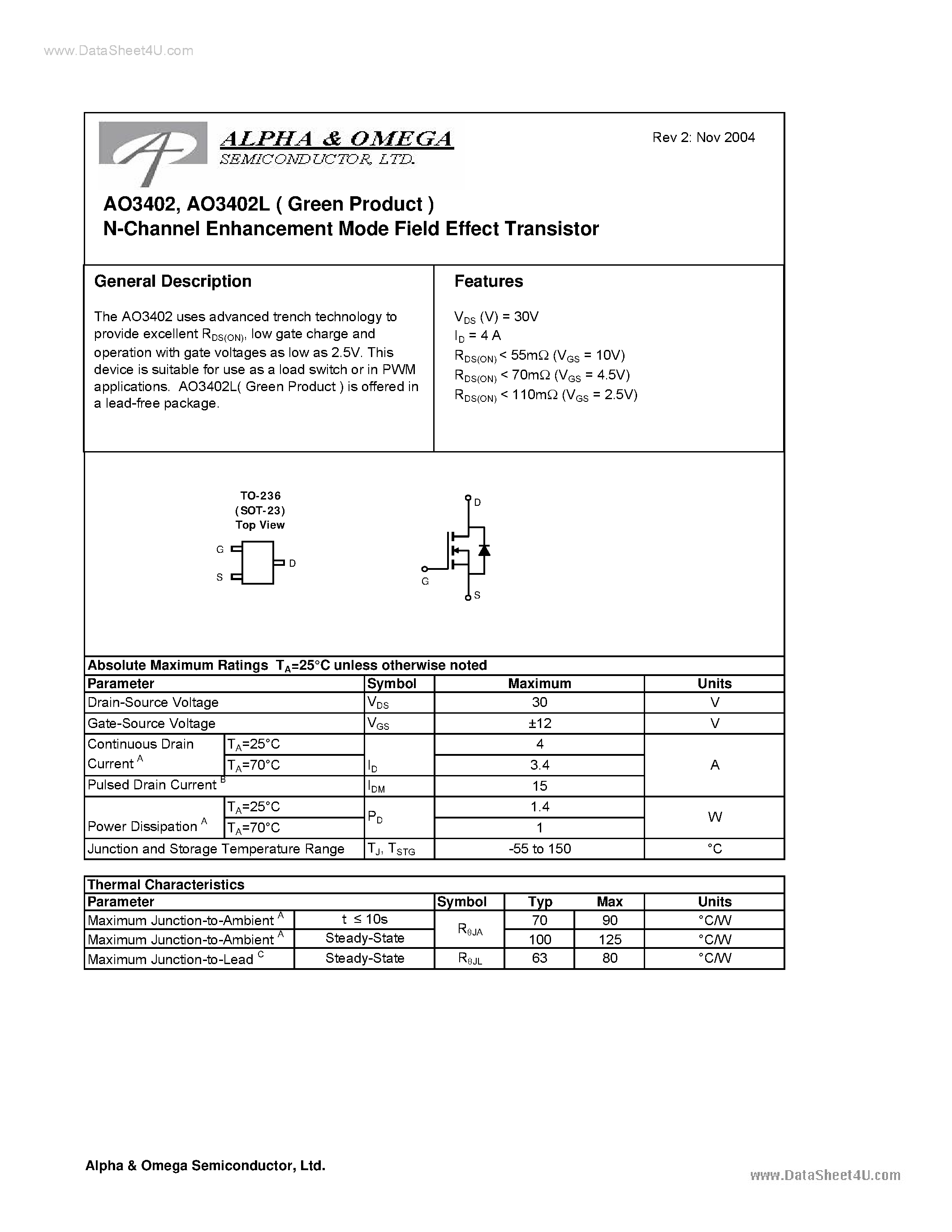 Datasheet AO3402 - N-Channel Enhancement Mode Field Effect Transistor page 1