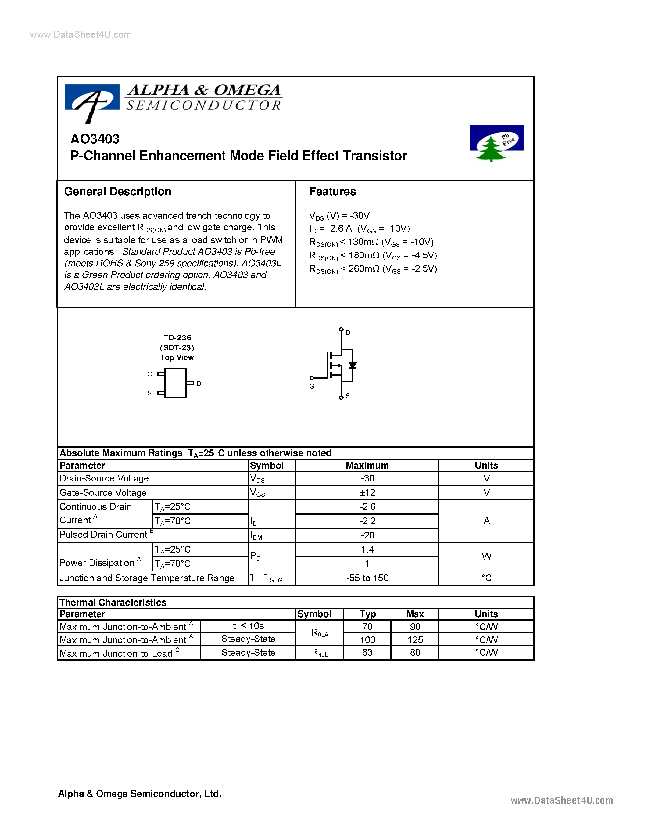 Datasheet AO3403 - P-Channel Enhancement Mode Field Effect Transistor page 1