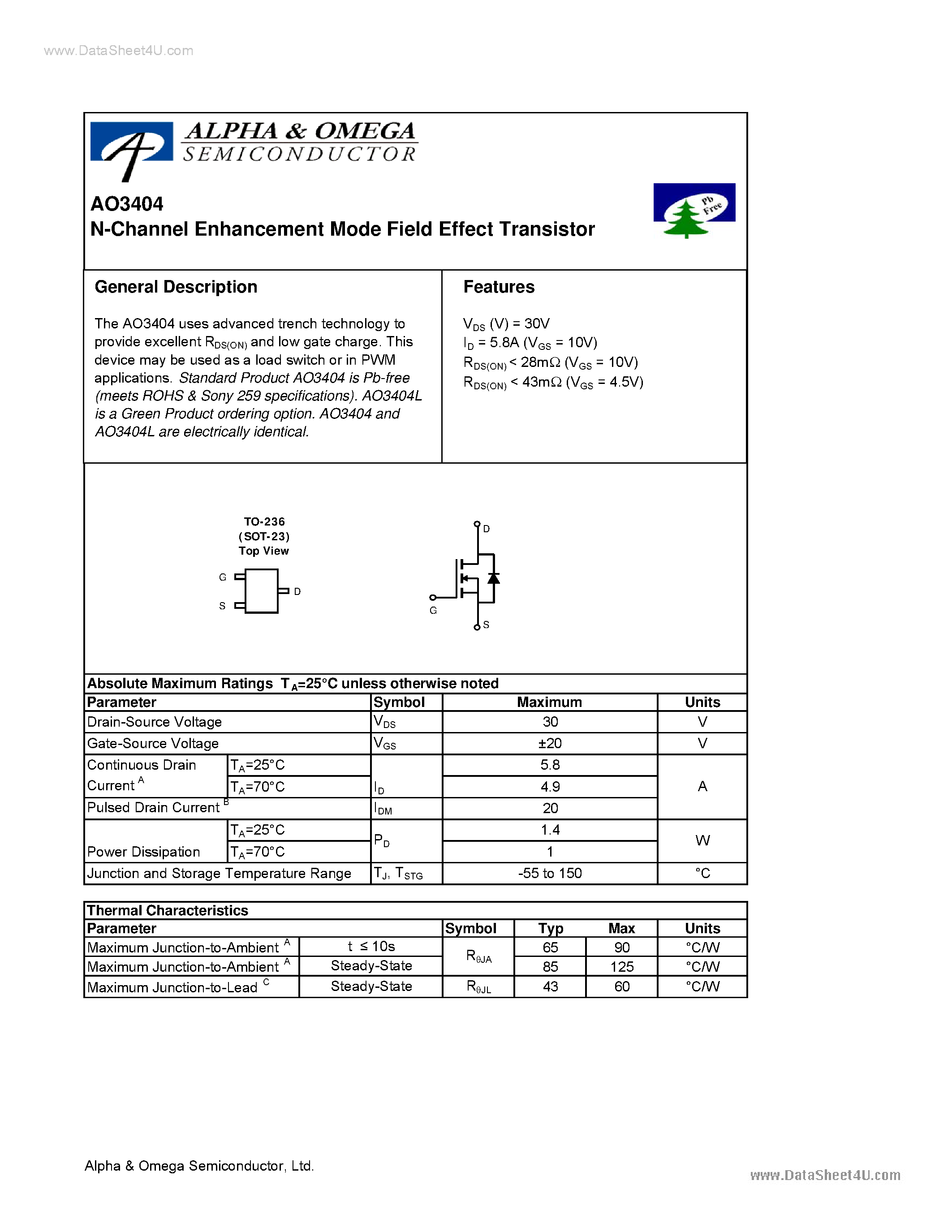 Datasheet AO3404 - N-Channel Enhancement Mode Field Effect Transistor page 1