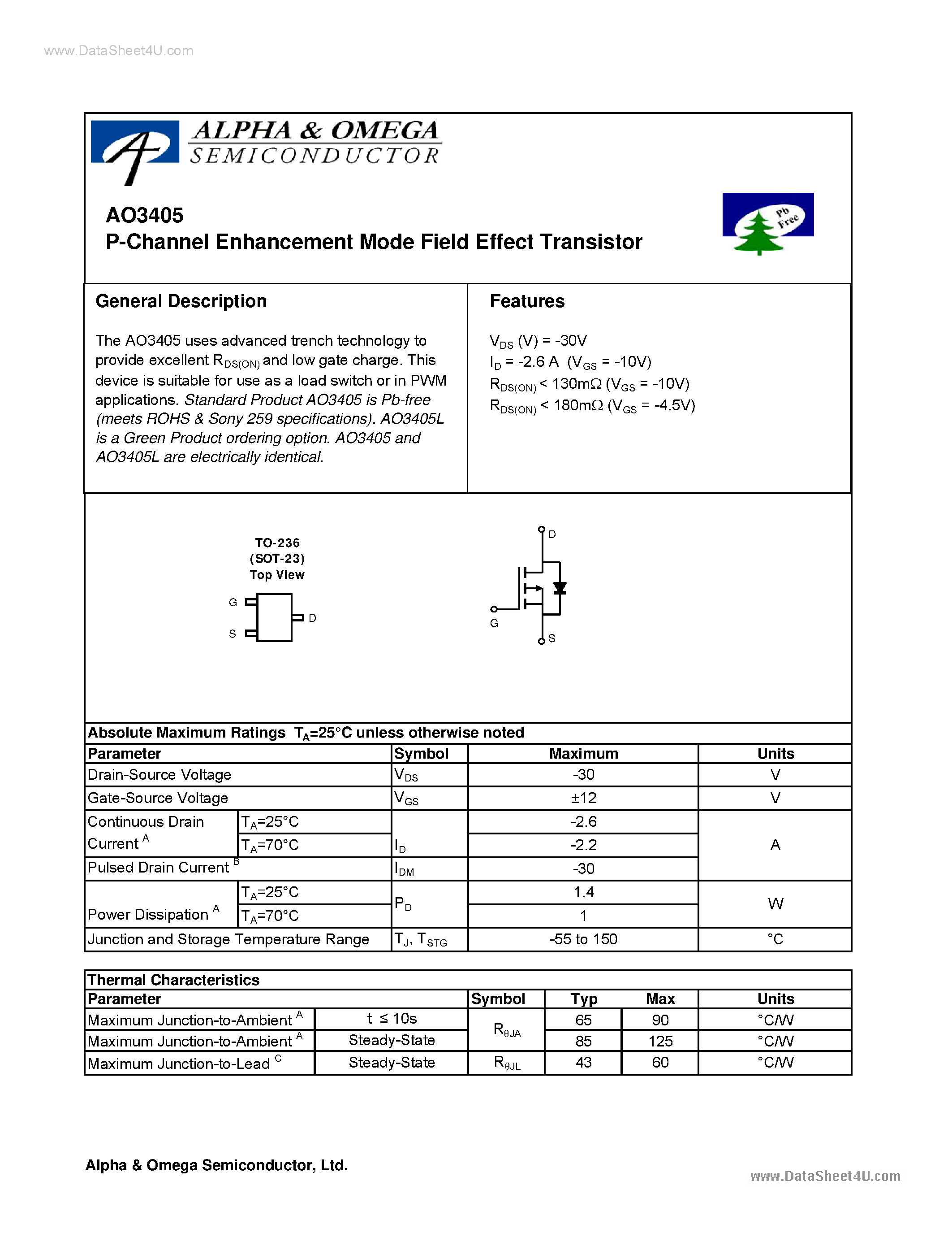Datasheet AO3405 - P-Channel Enhancement Mode Field Effect Transistor page 1