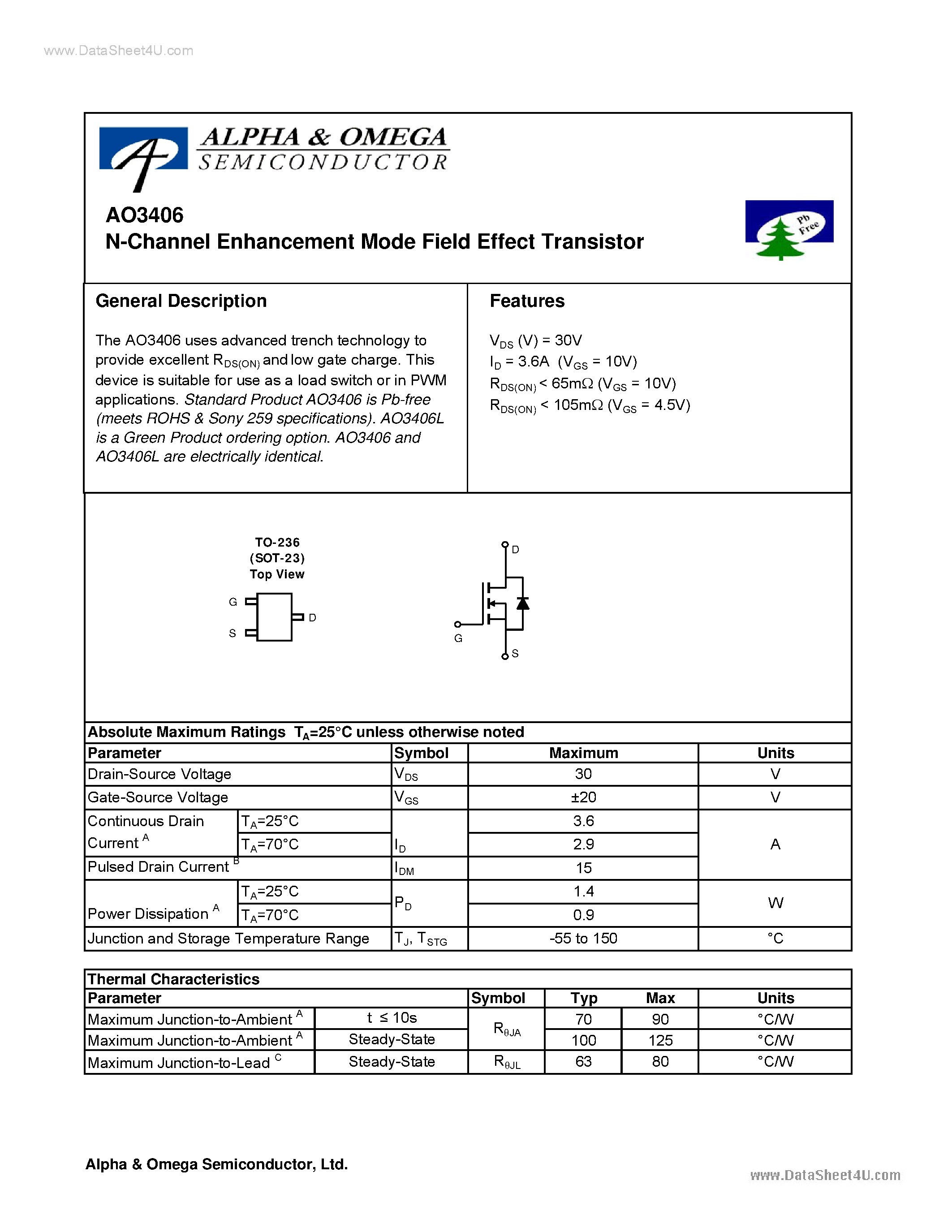 Datasheet AO3406 - N-Channel Enhancement Mode Field Effect Transistor page 1