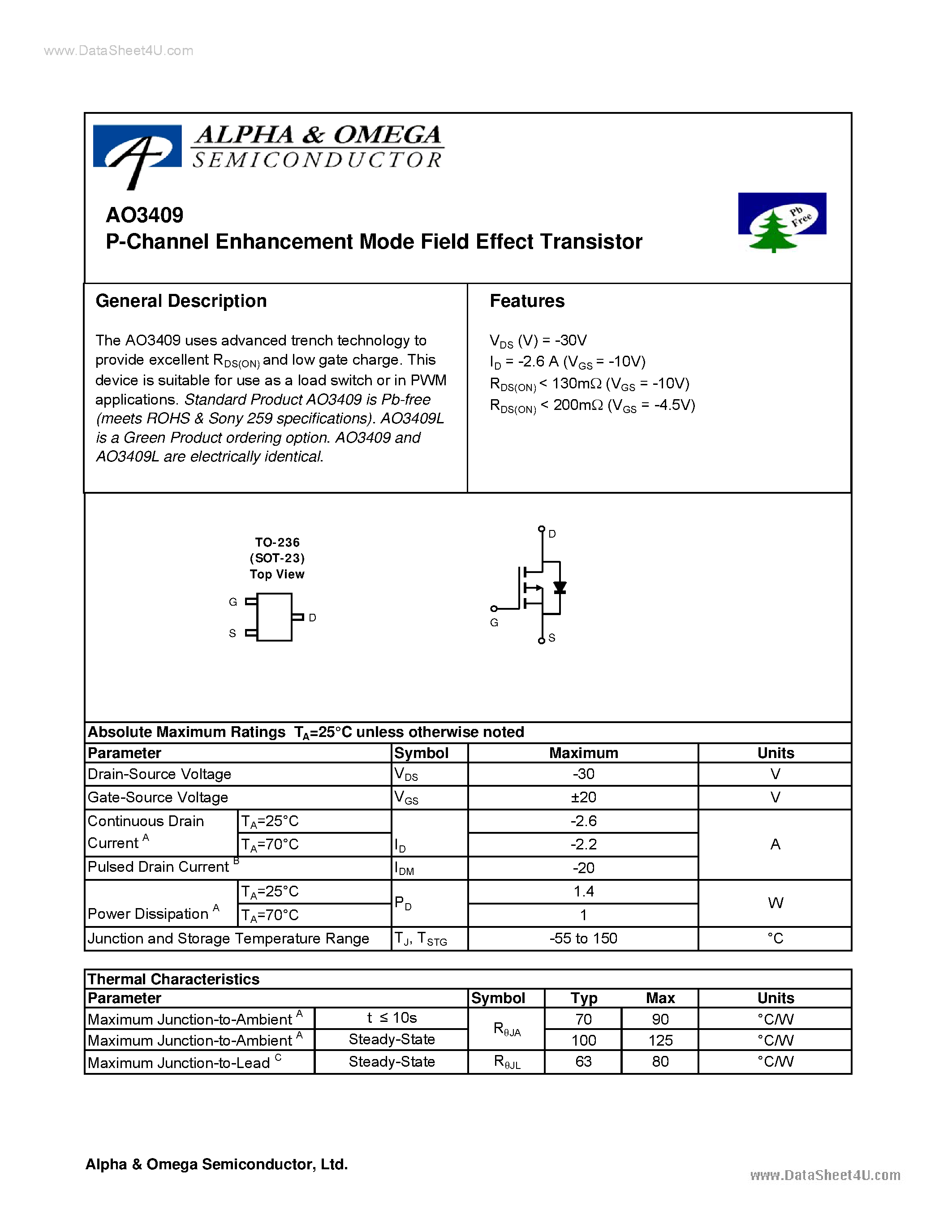 Datasheet AO3409 - P-Channel Enhancement Mode Field Effect Transistor page 1
