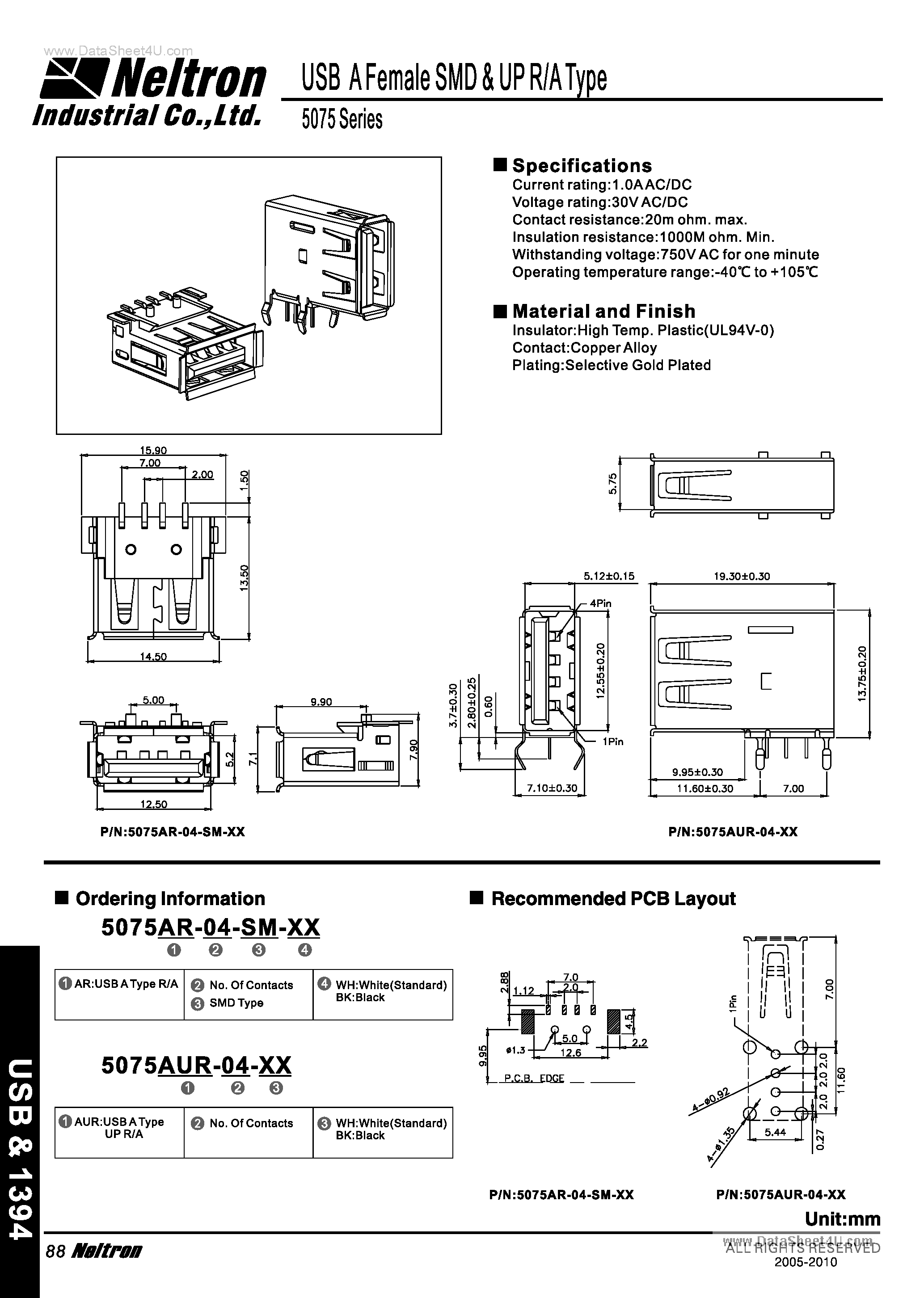 Datasheet 5075AR-04-SM - (5075 Series) USB A Female SMD page 1