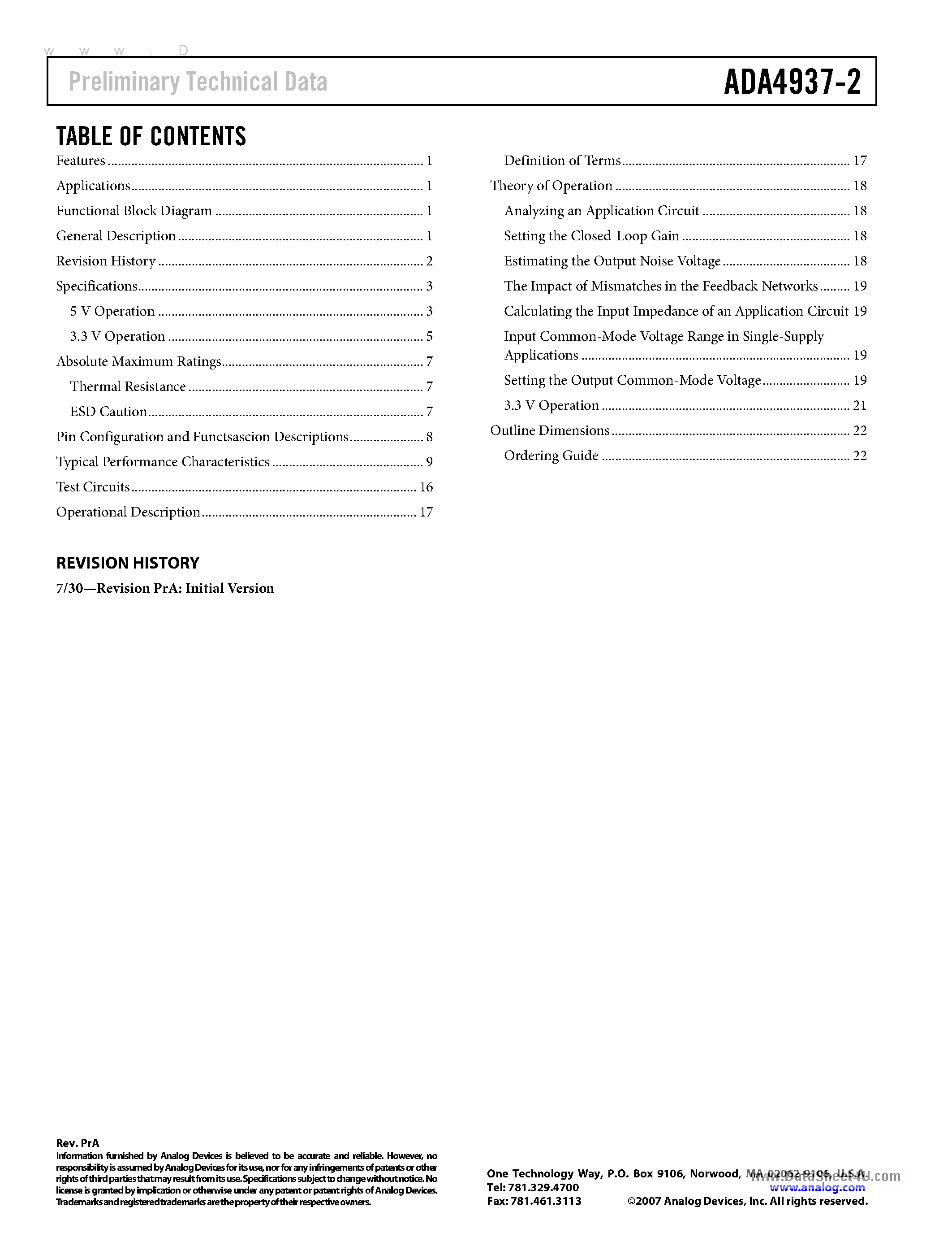 Datasheet ADA4937-2 - Dual Ultralow Distortion / Differential ADC Driver page 2