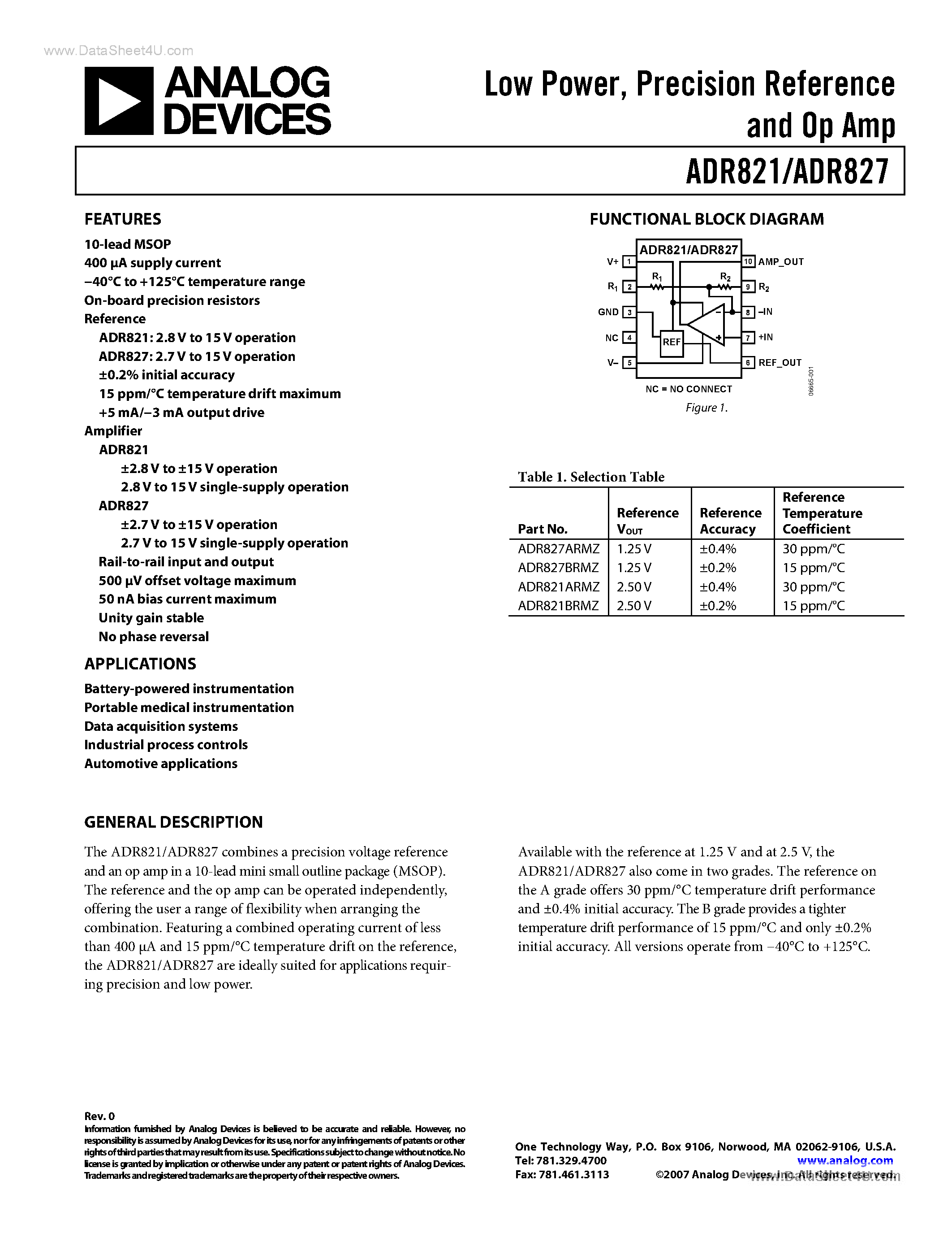Даташит на микросхему ADR821 страница 1 Даташит ADR821 - (ADR821 / ADR827) precision voltage reference and op amp страница 1