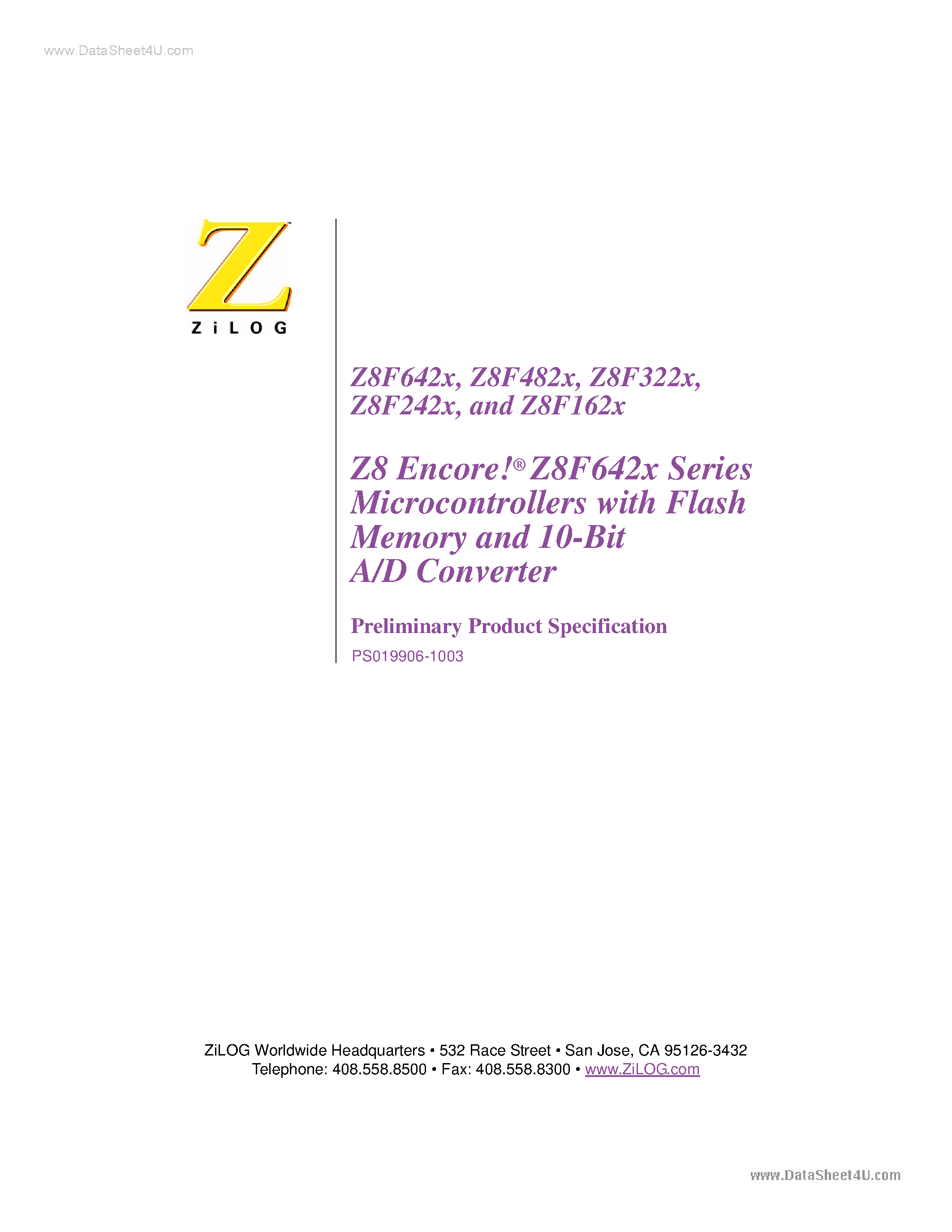 Даташит Z8F162x - (Z8F642x Series) High Performance 8-Bit Microcontrollers страница 1