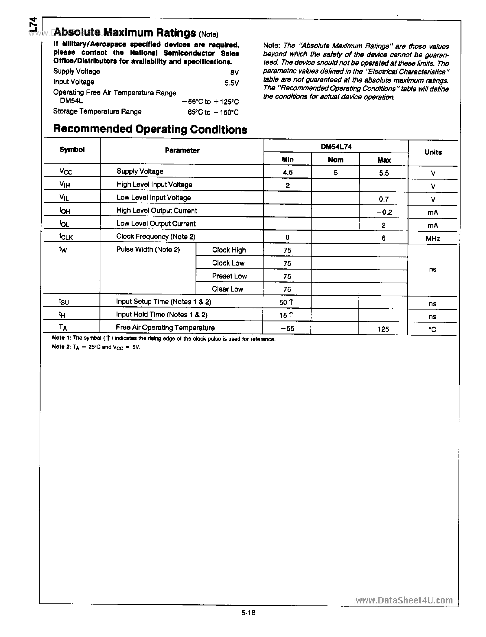 Datasheet DM74L74 page 2 Datasheet DM74L74 - Dual Positive Edge Triggered D Flip-Flop page 2