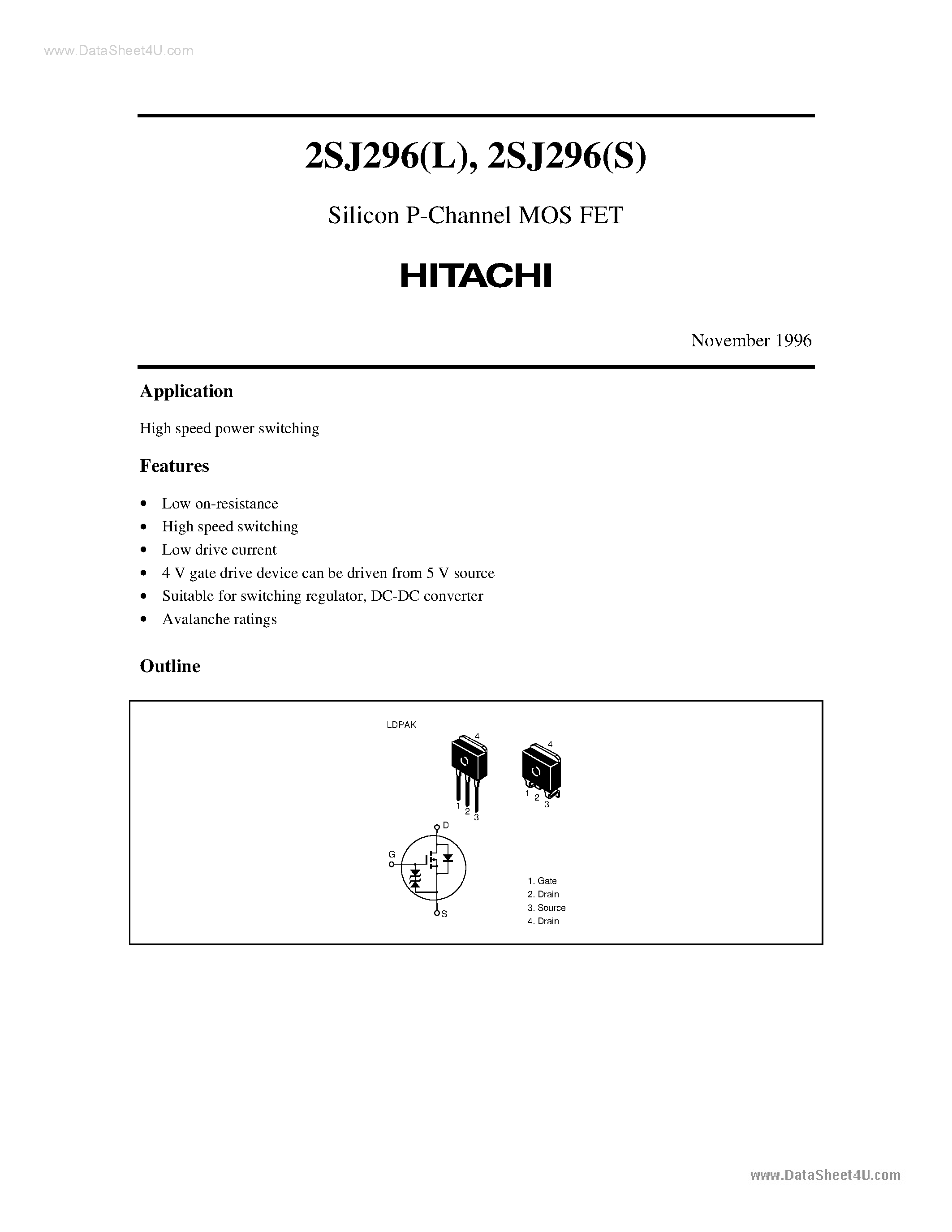 Datasheet 2SJ296 - Silicon P-Channel MOS FET page 1