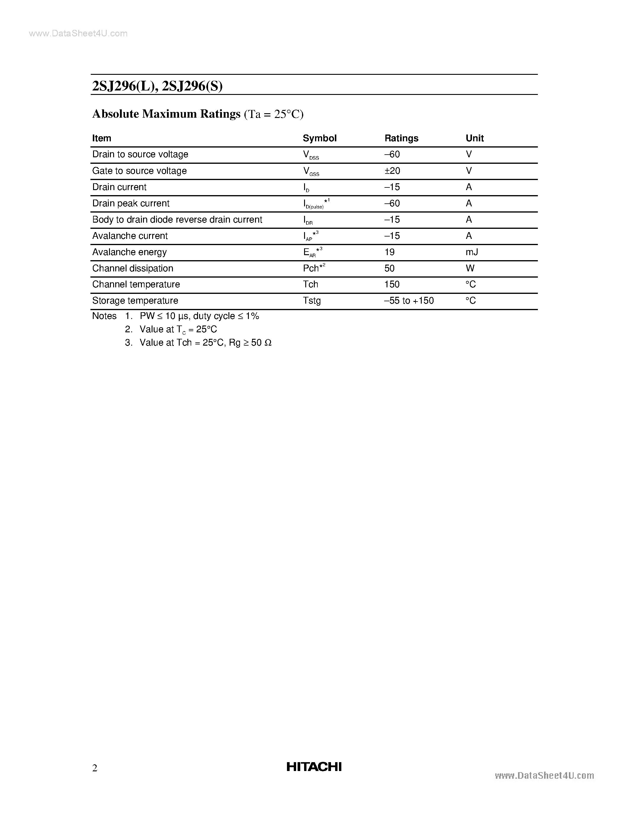 Datasheet 2SJ296 - Silicon P-Channel MOS FET page 2
