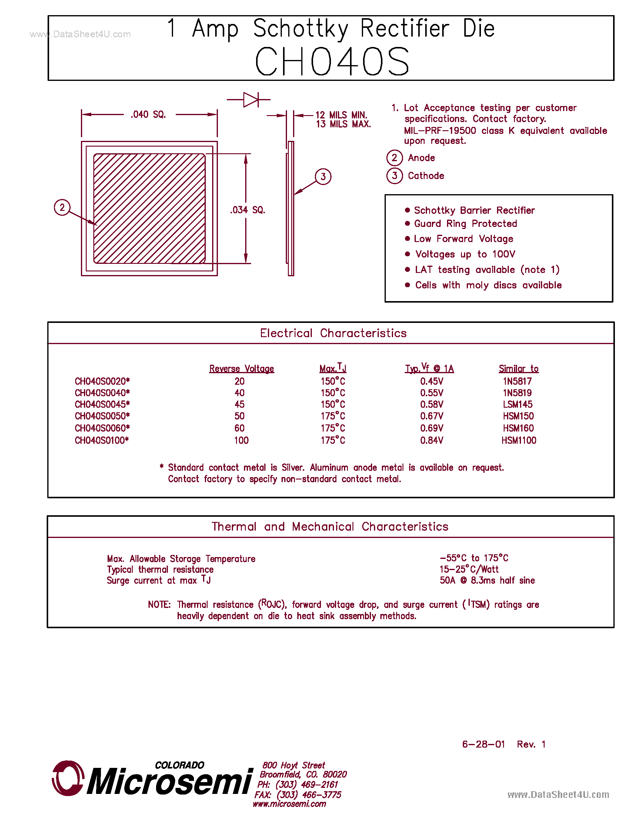 Datasheet CH040S page 1 Datasheet CH040S - 1 AMP SCHOTTKY RECTIFIER DIE page 1