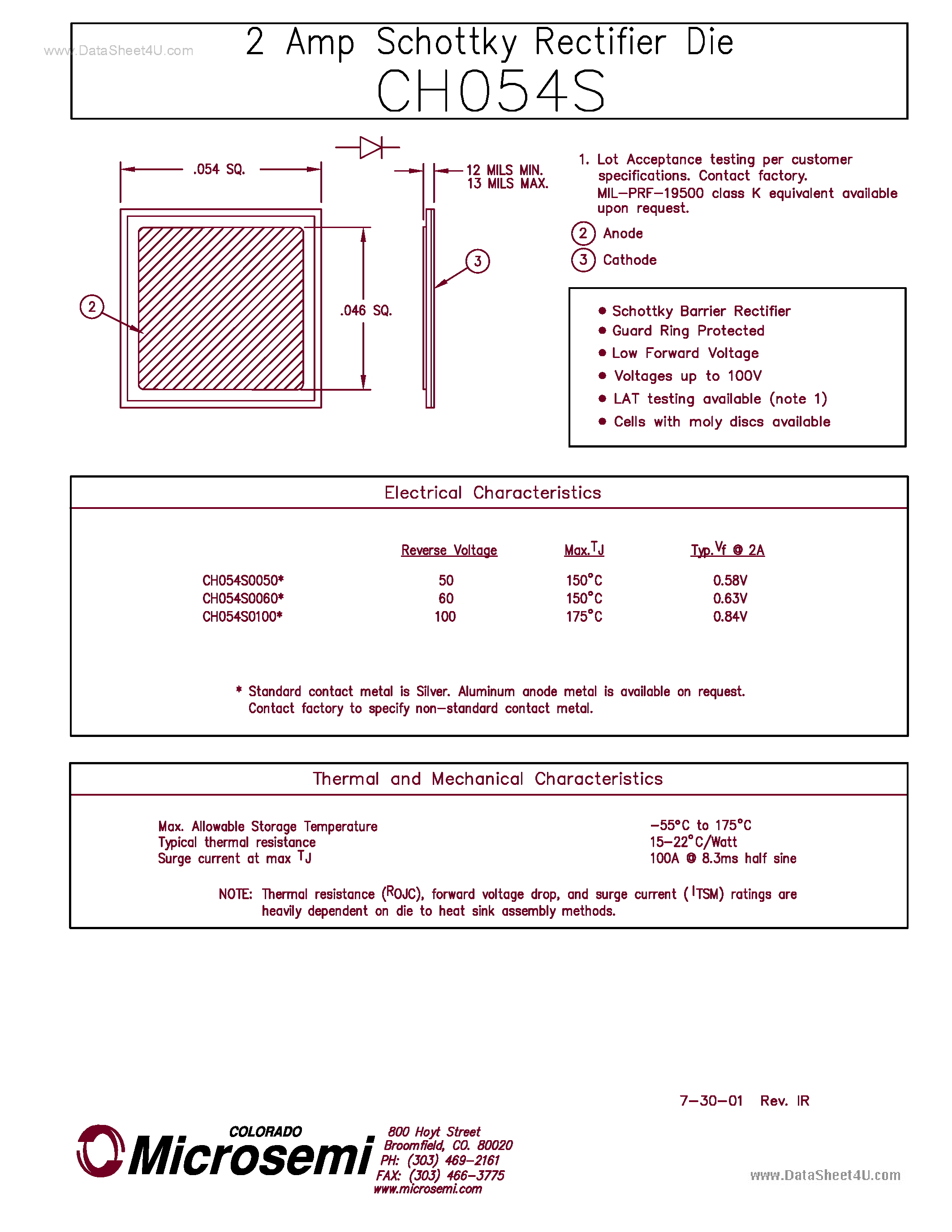 Datasheet CH054S page 1 Datasheet CH054S - 2 AMP SCHOTTKY RECTIFIER DIE page 1