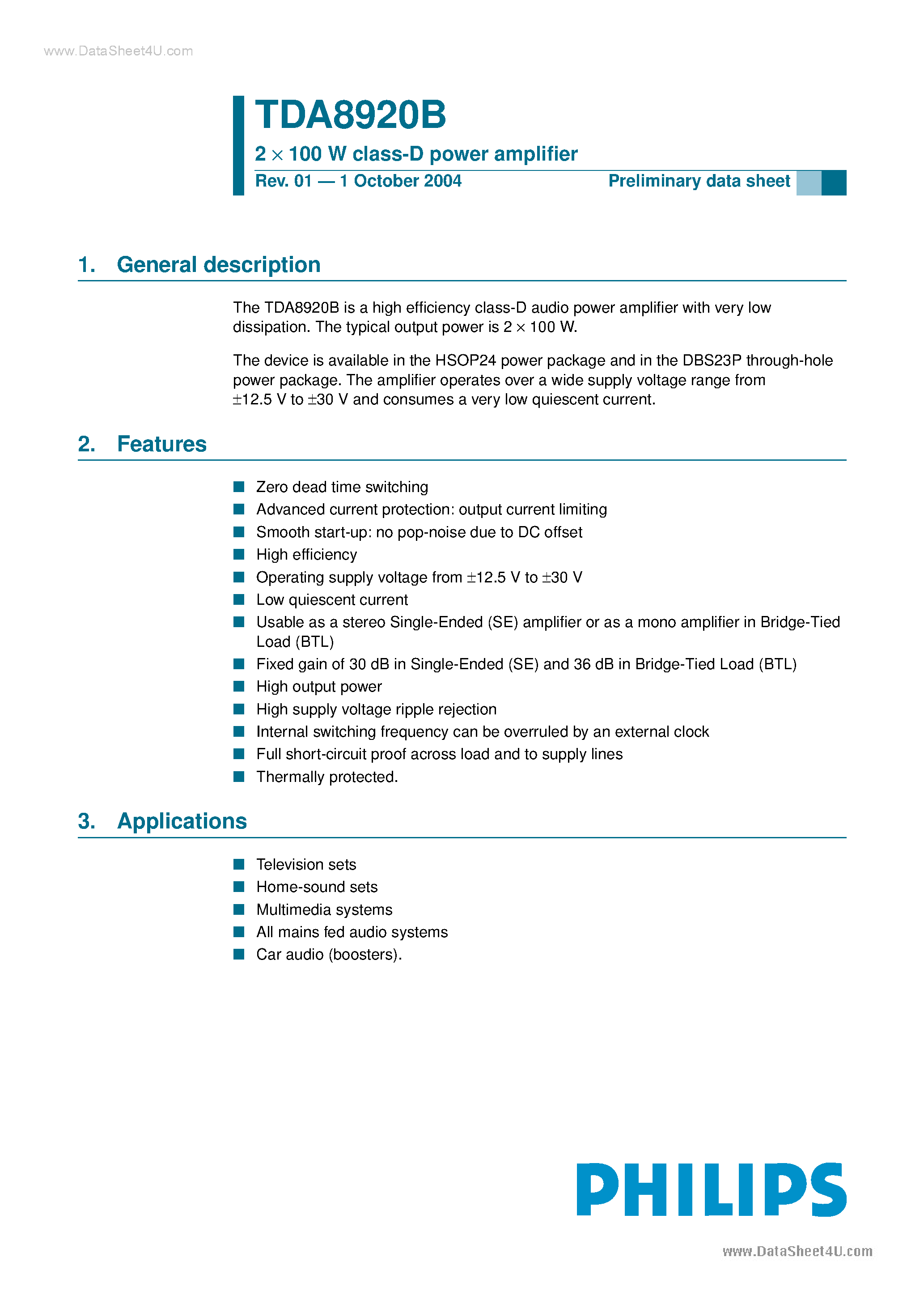 Datasheet TDA8920B page 1 Datasheet TDA8920B - 2 X 100 W class-D power amplifier page 1