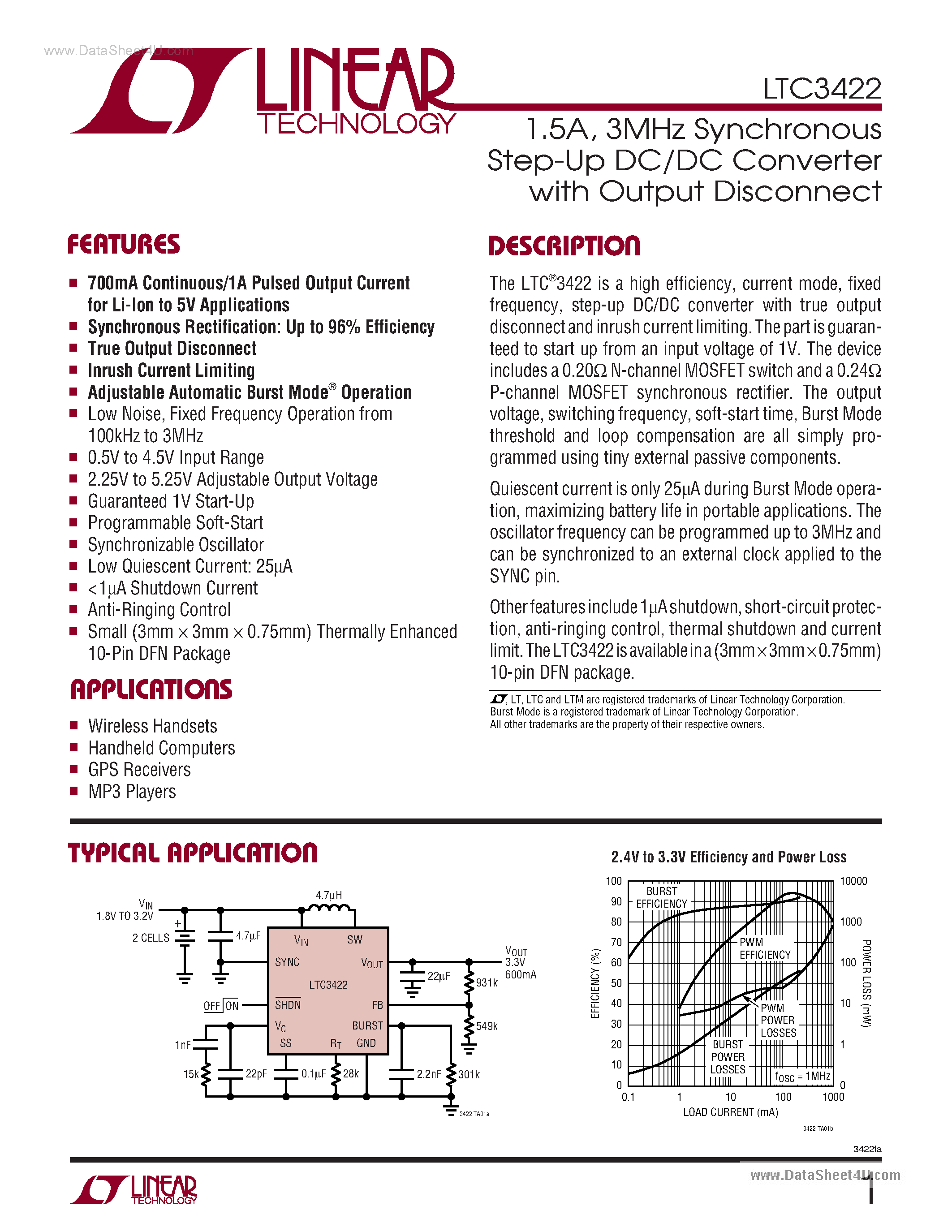 Datasheet LTC3422 - 3MHz Synchronous Step-Up DC/DC Converter page 1