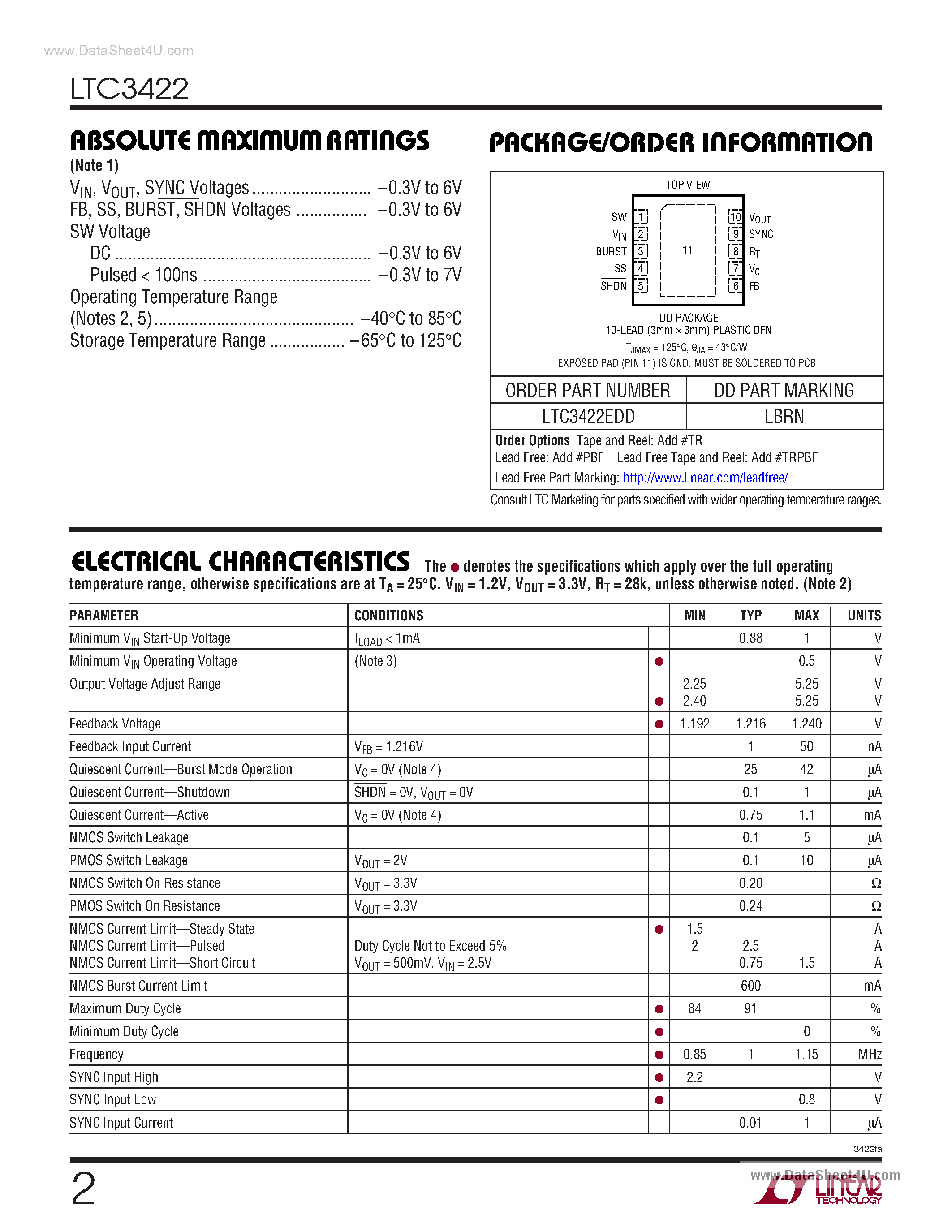 Datasheet LTC3422 - 3MHz Synchronous Step-Up DC/DC Converter page 2