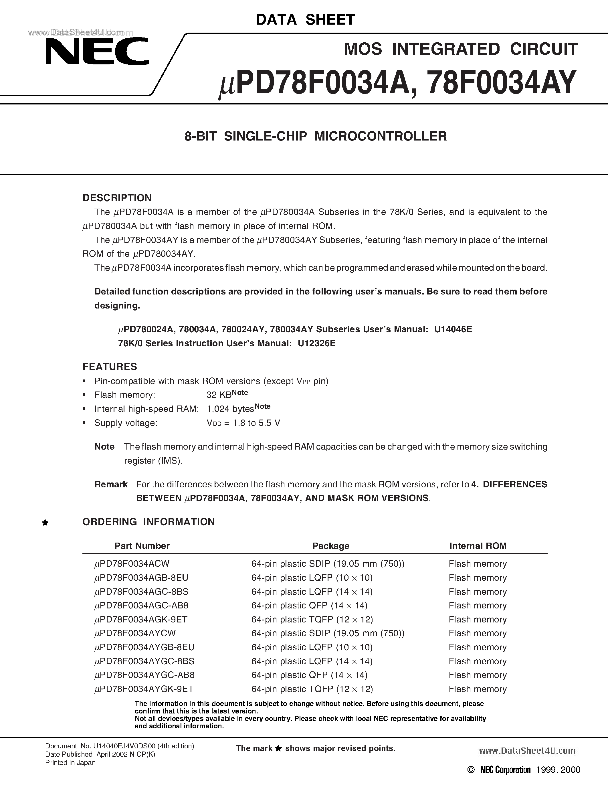 Datasheet D78F0034A - 8 Bit Single Chip Microcontroller page 1