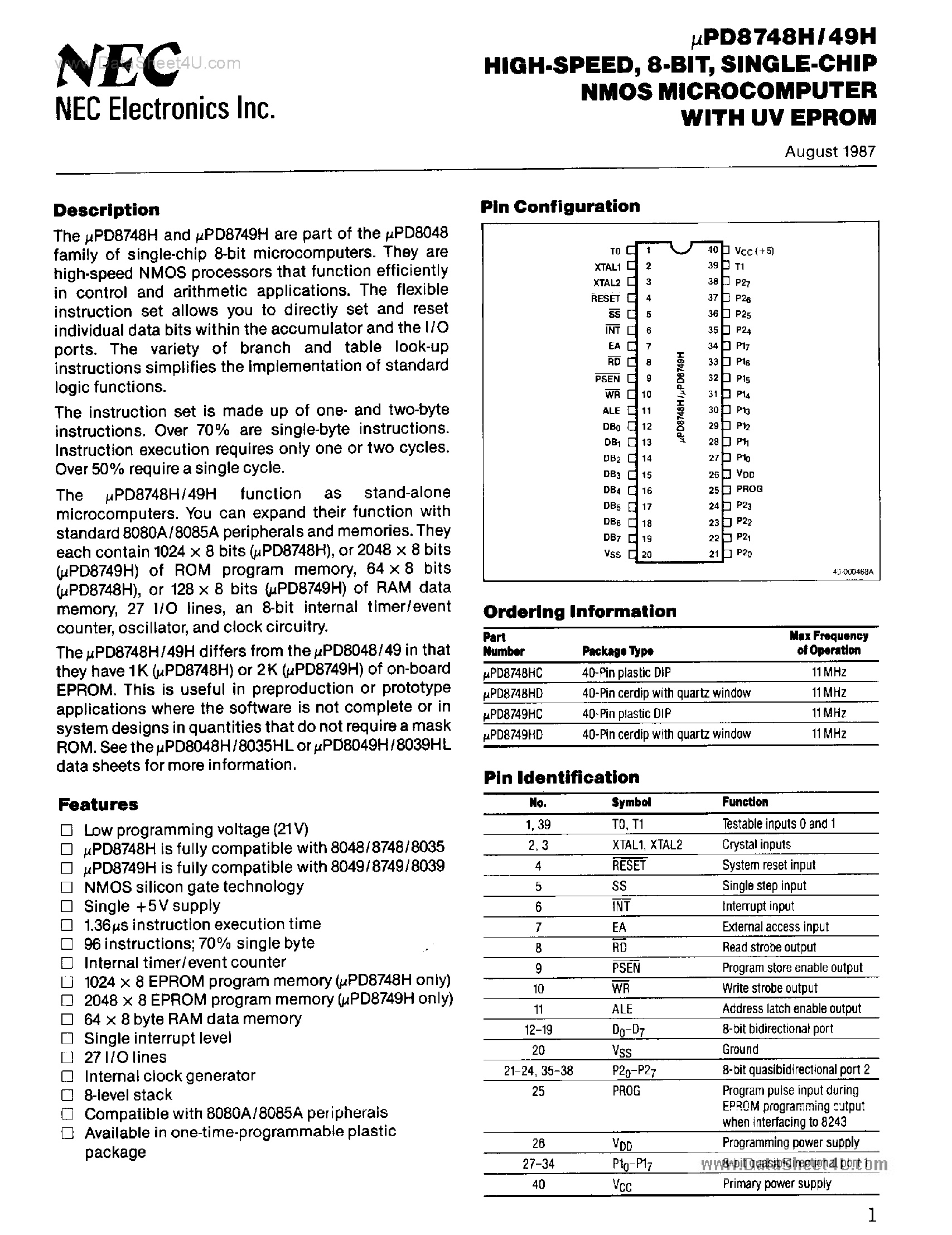 Datasheet D8748H - (D8748H / D8749H) 8-Bit NMOS Microcomputer page 1