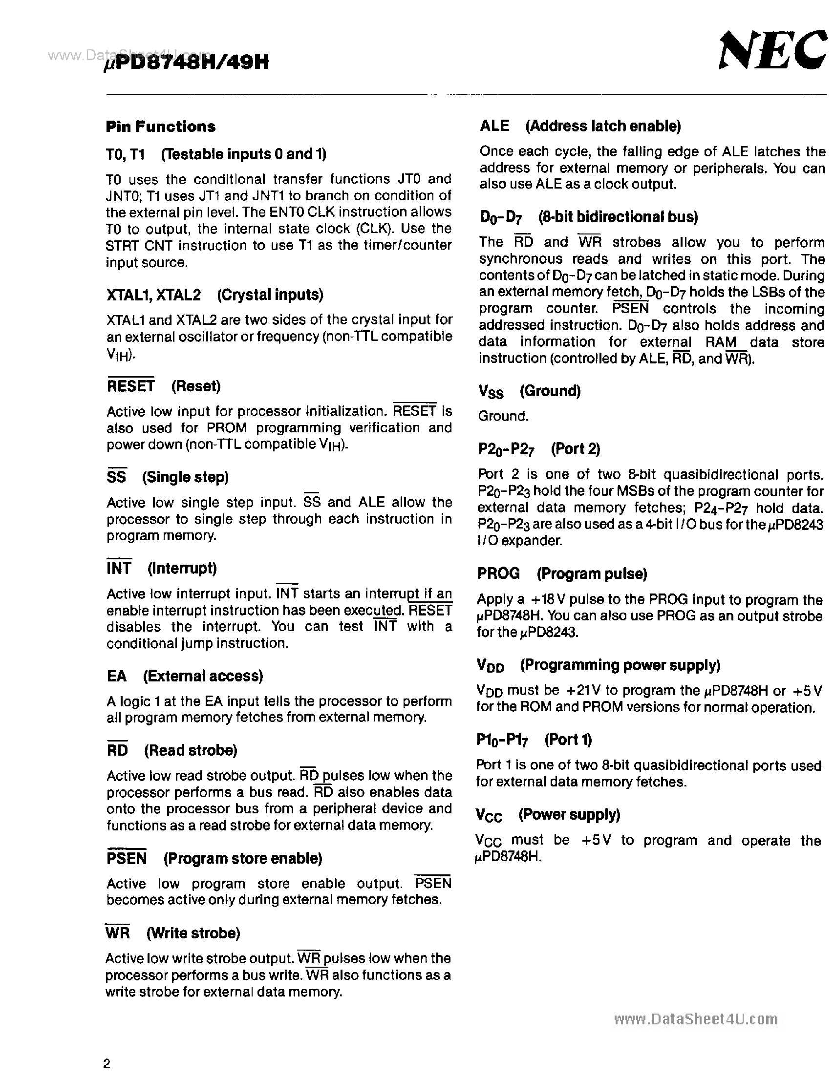 Datasheet D8748H - (D8748H / D8749H) 8-Bit NMOS Microcomputer page 2
