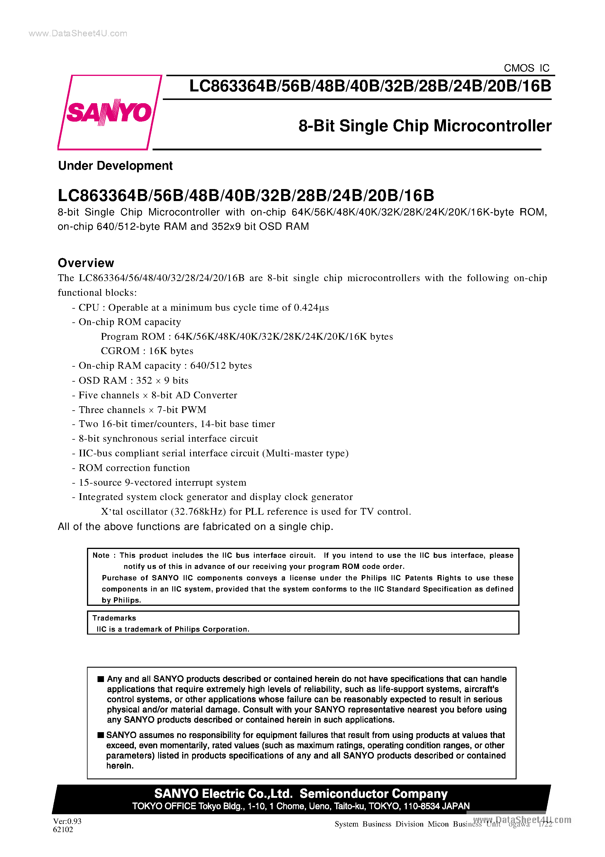 Datasheet LC863316B - (LC8633xxB) 8-Bit Single Chip Microcontroller page 1